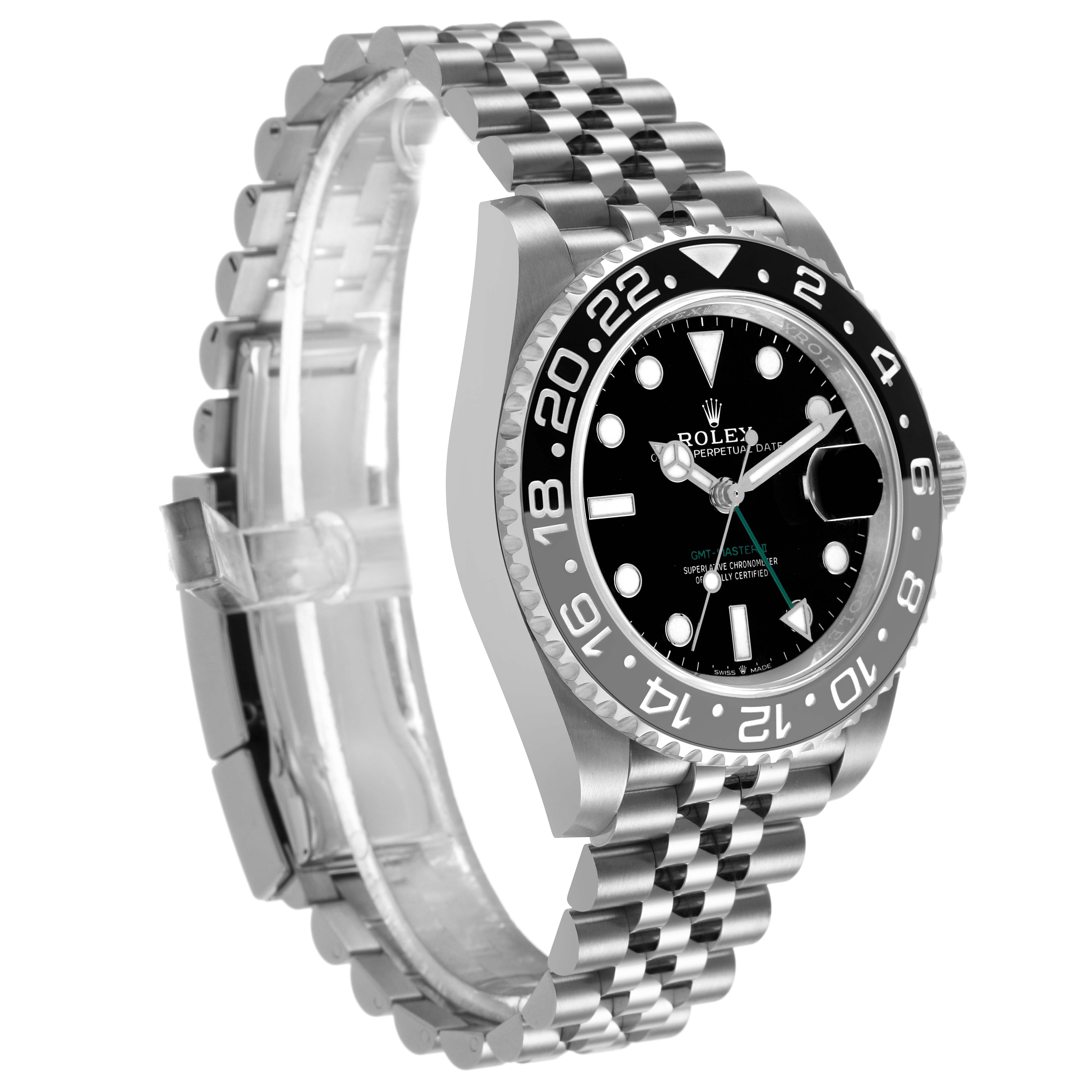 The Rolex GMT-Master 126710 Men's Stainless Steel Black Dial watch is shown at a three-quarter angle, highlighting the bezel, dial, and bracelet.