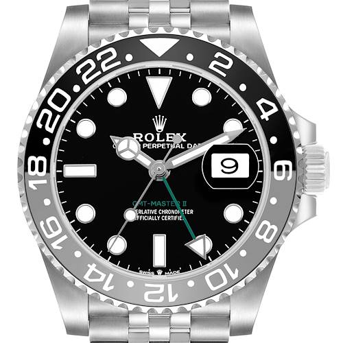 The Rolex GMT-Master 126710 Men's Stainless Steel Black Dial watch is shown from the front, highlighting the bezel, dial, hands, and date window.