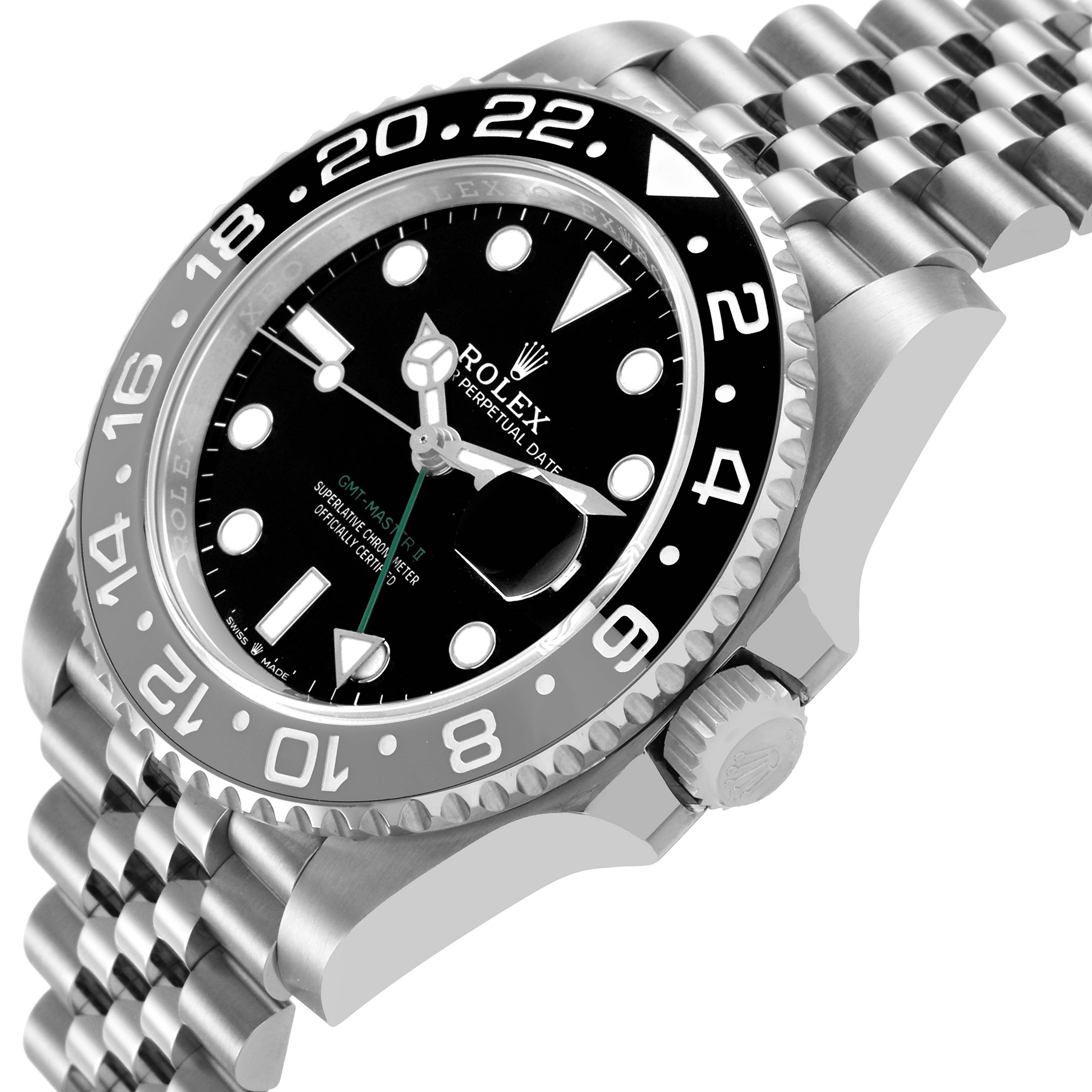 The Rolex GMT-Master 126710 Men's Stainless Steel Black Dial watch is shown at an angled side view, highlighting the bezel, crown, and part of the bracelet.