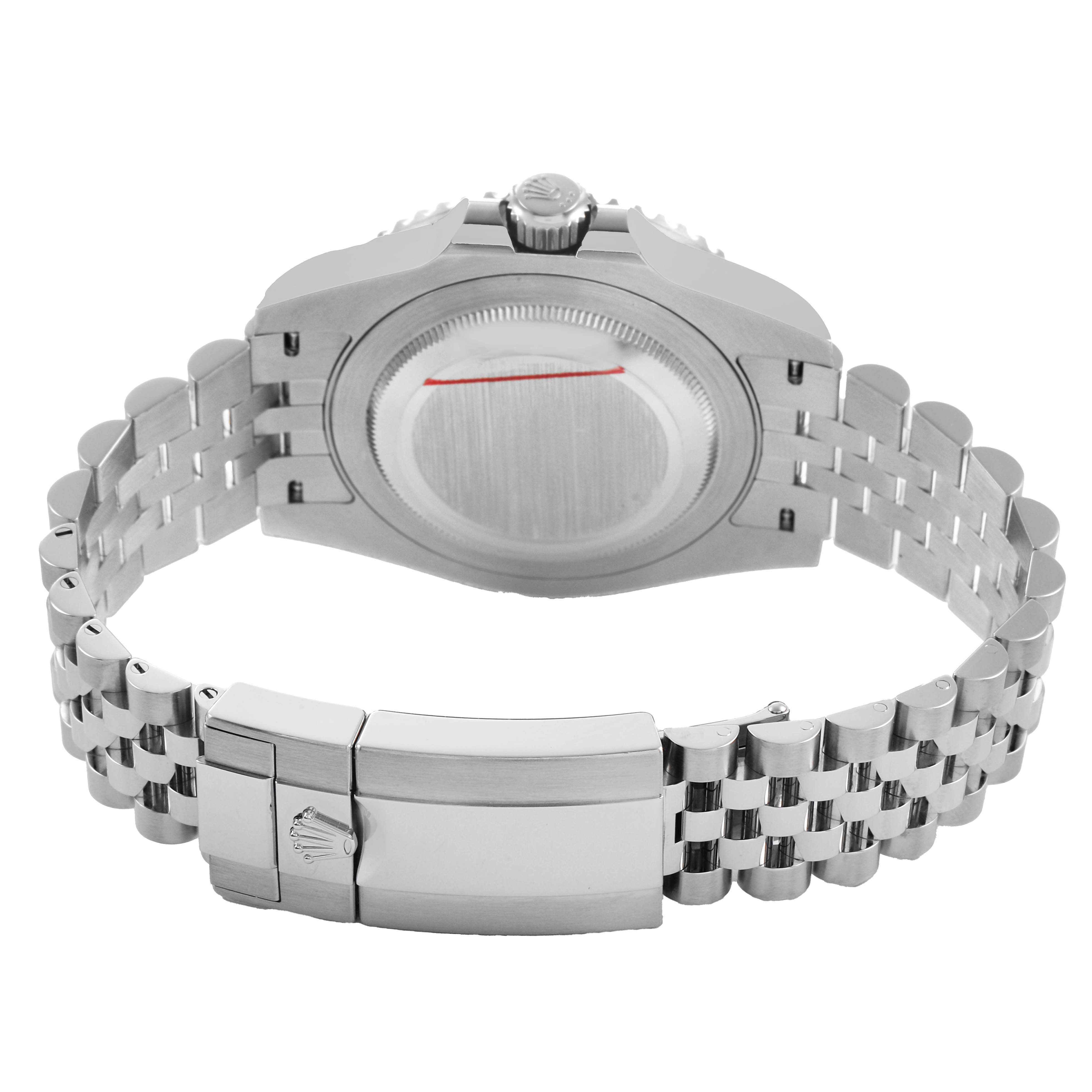 The image shows the back of a Rolex GMT-Master 126710 Men's Stainless Steel Black Dial watch, highlighting the case back, bracelet, and clasp.