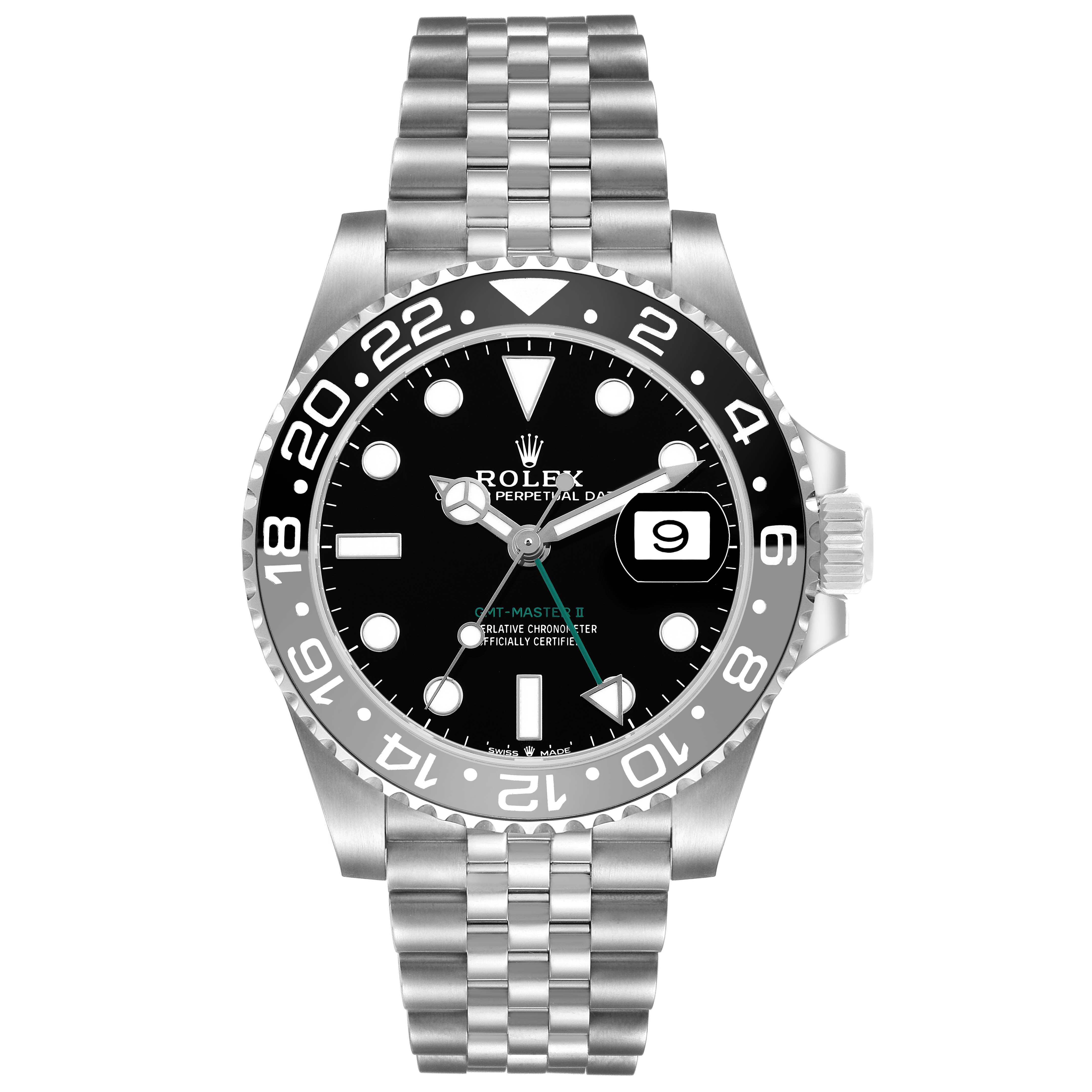 The Rolex GMT-Master 126710 Men's Stainless Steel Black Dial model is shown from the front, displaying the bezel, dial, bracelet, and crown.