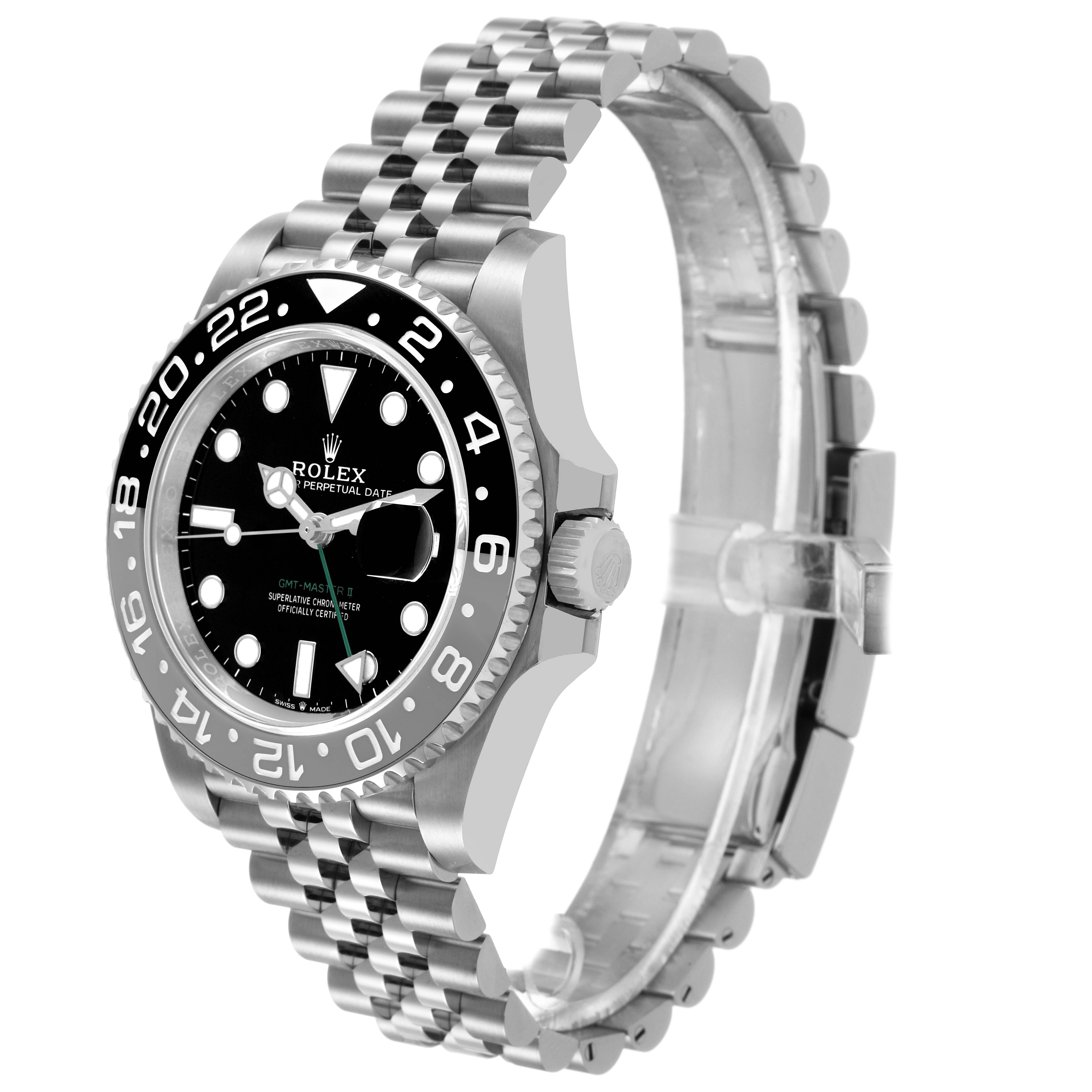 The Rolex GMT-Master 126710 Men's Stainless Steel Black Dial watch is shown from a side angle, highlighting the bezel, dial, bracelet, and crown.