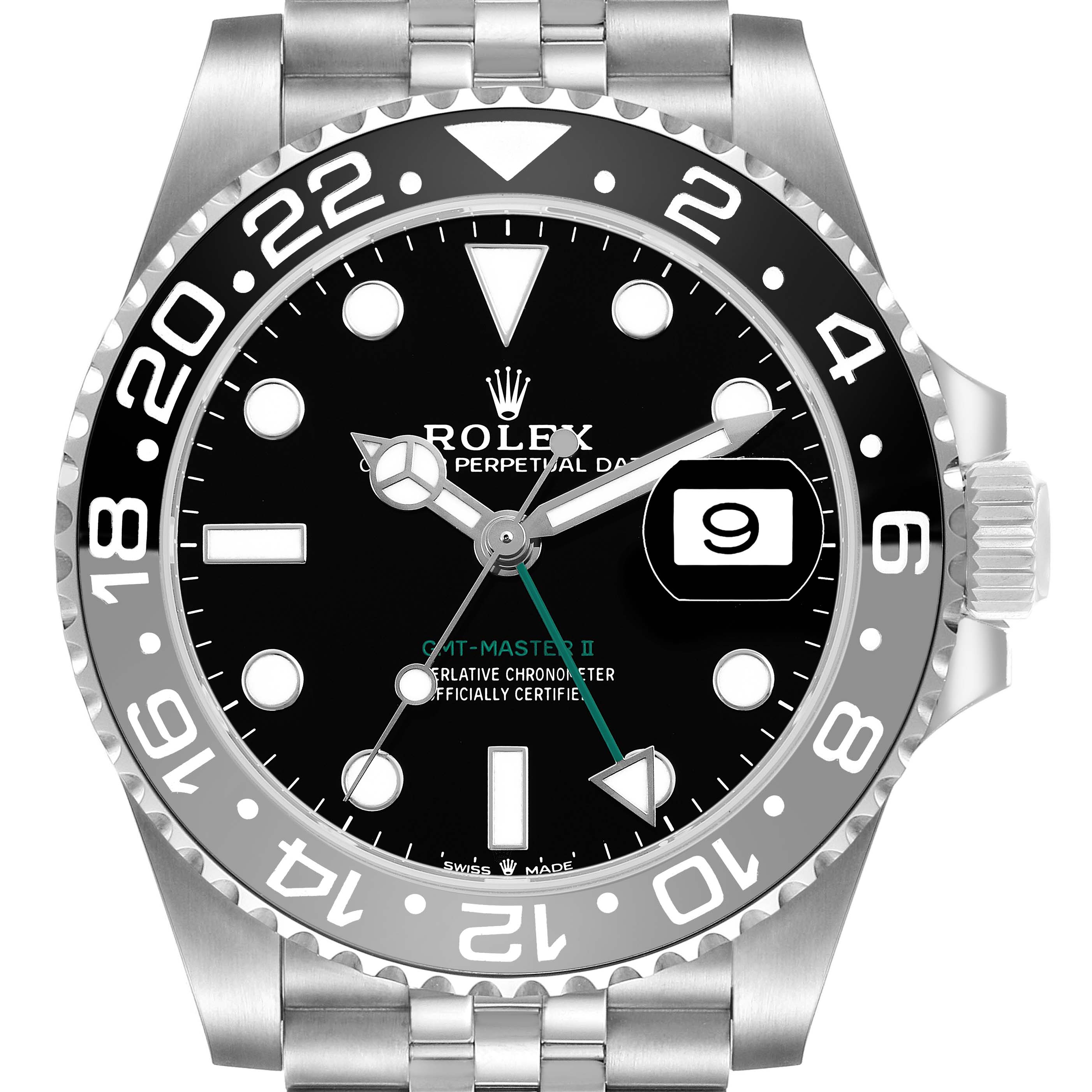The Rolex GMT-Master 126710 Men's Stainless Steel Black Dial II is shown from a front angle highlighting the bezel, dial, hands, date window, and part of the bracelet.
