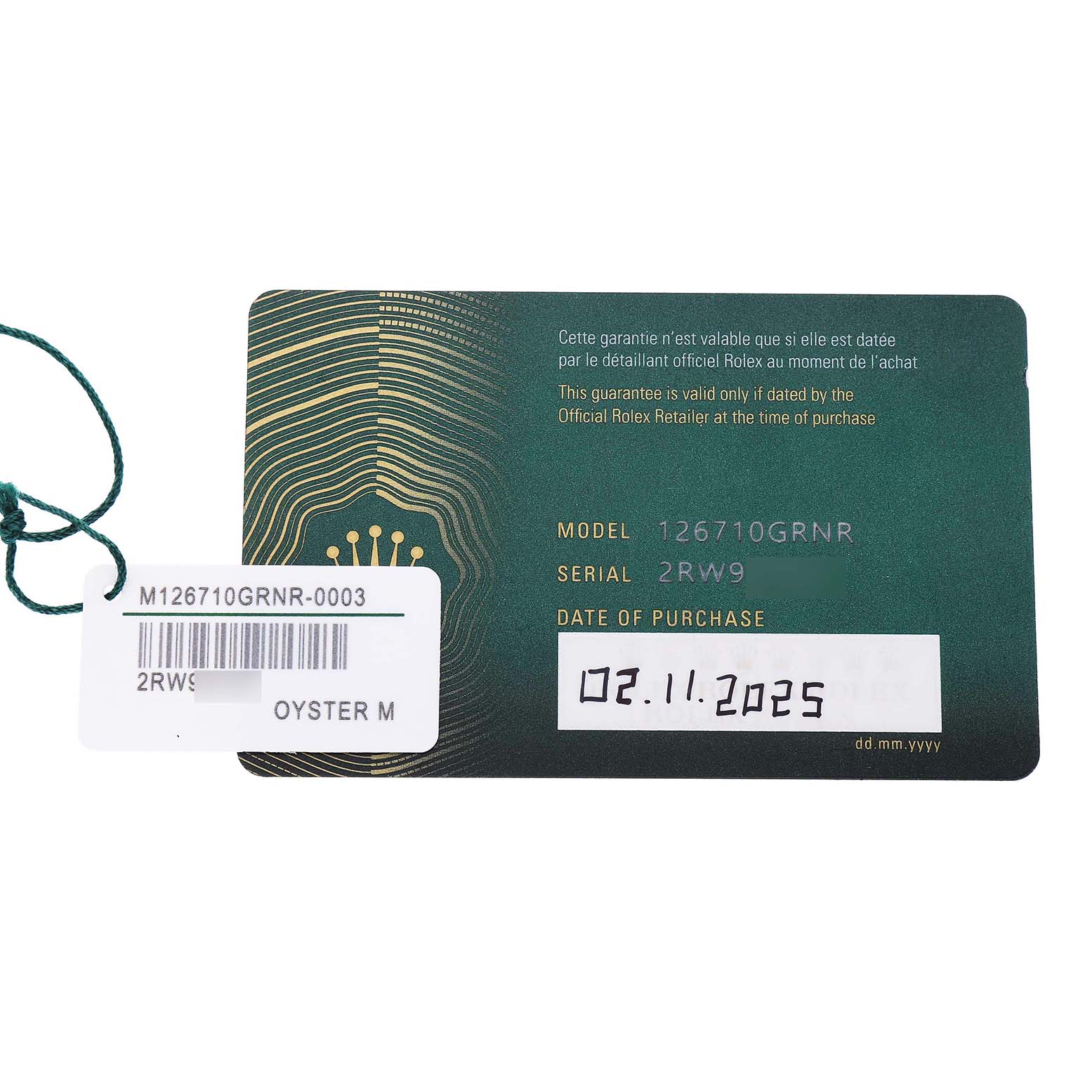 The image shows a Rolex GMT-Master 126710 Men's Stainless Steel Black Dial model M126710GRNR warranty card and tag, detailing the model, serial number, and purchase date.
