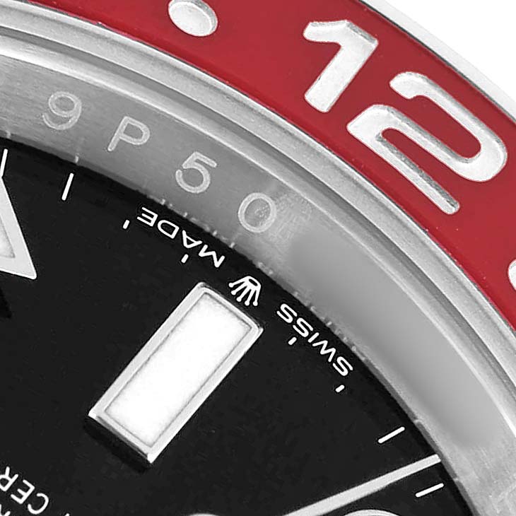 The image shows a close-up of the bezel and dial of a Rolex GMT-Master 126710BLRO Men's Stainless Steel Black Dial, highlighting the red bezel and hour marker.