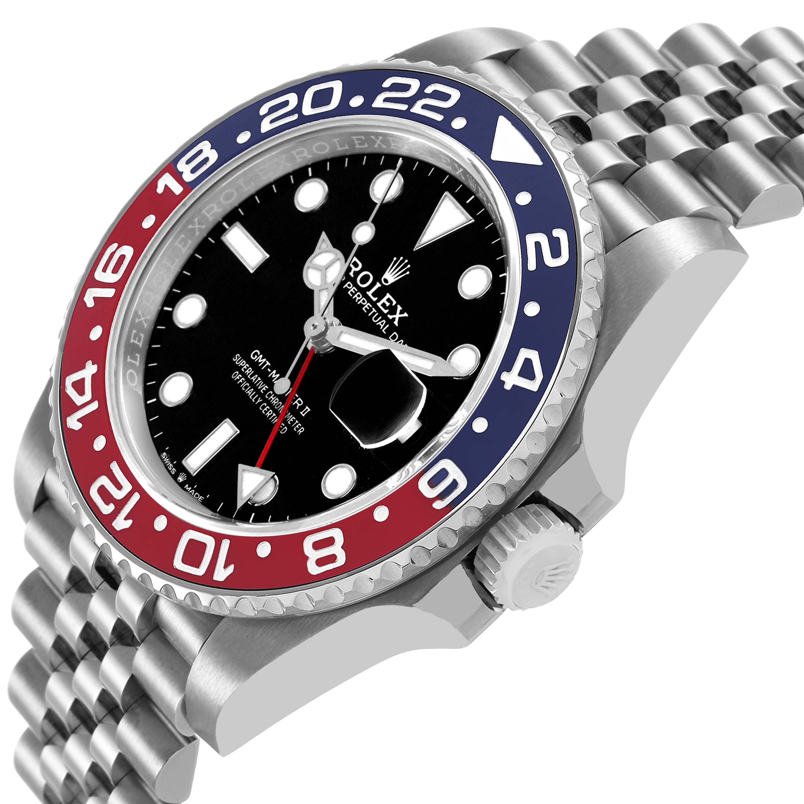The Rolex GMT-Master 126710BLRO Men's Stainless Steel Black Dial watch is shown at a tilted angle highlighting the bezel, crown, and part of the bracelet.
