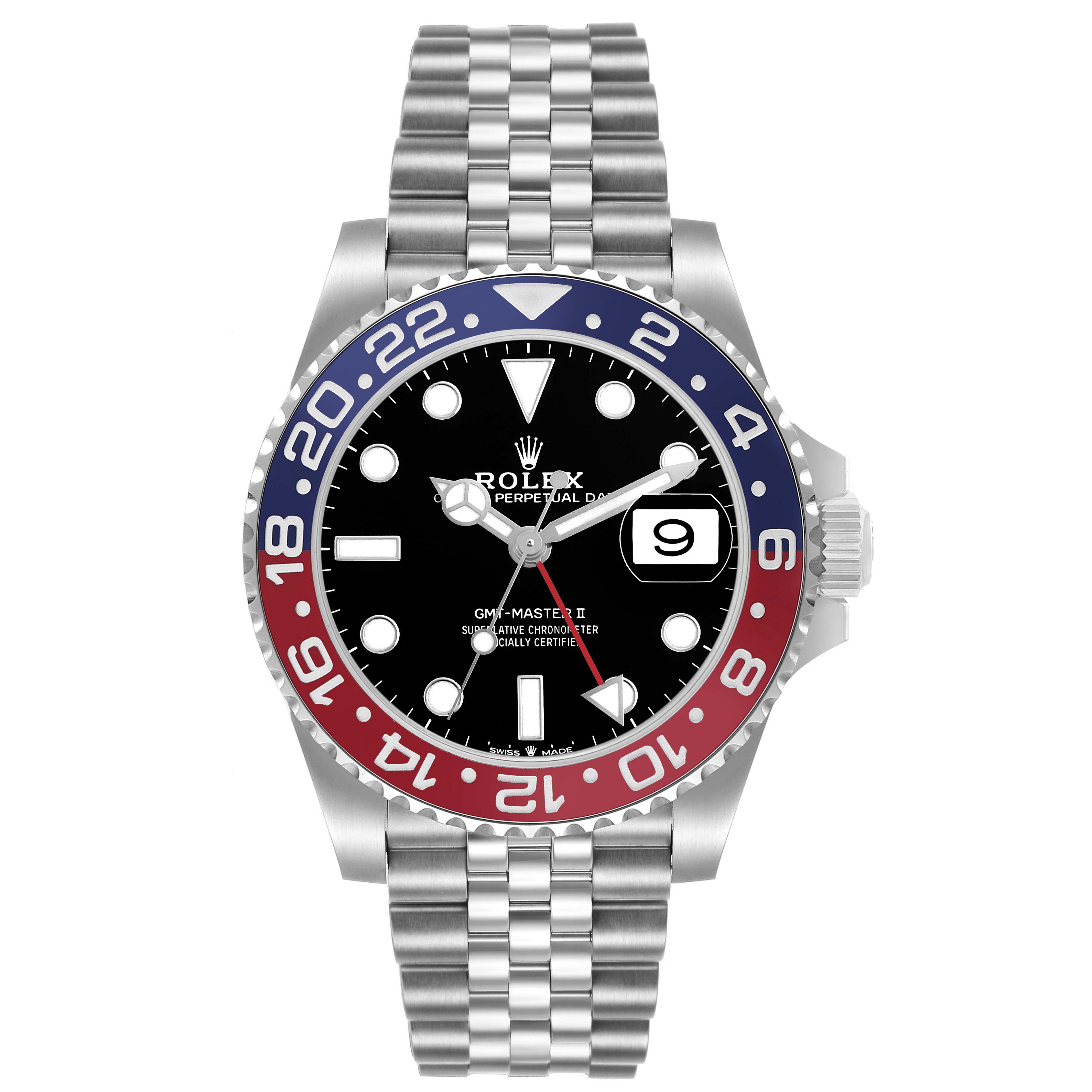 The Rolex GMT-Master 126710BLRO Men's Stainless Steel Black Dial model is shown from the front, highlighting the dial, bezel, and bracelet.