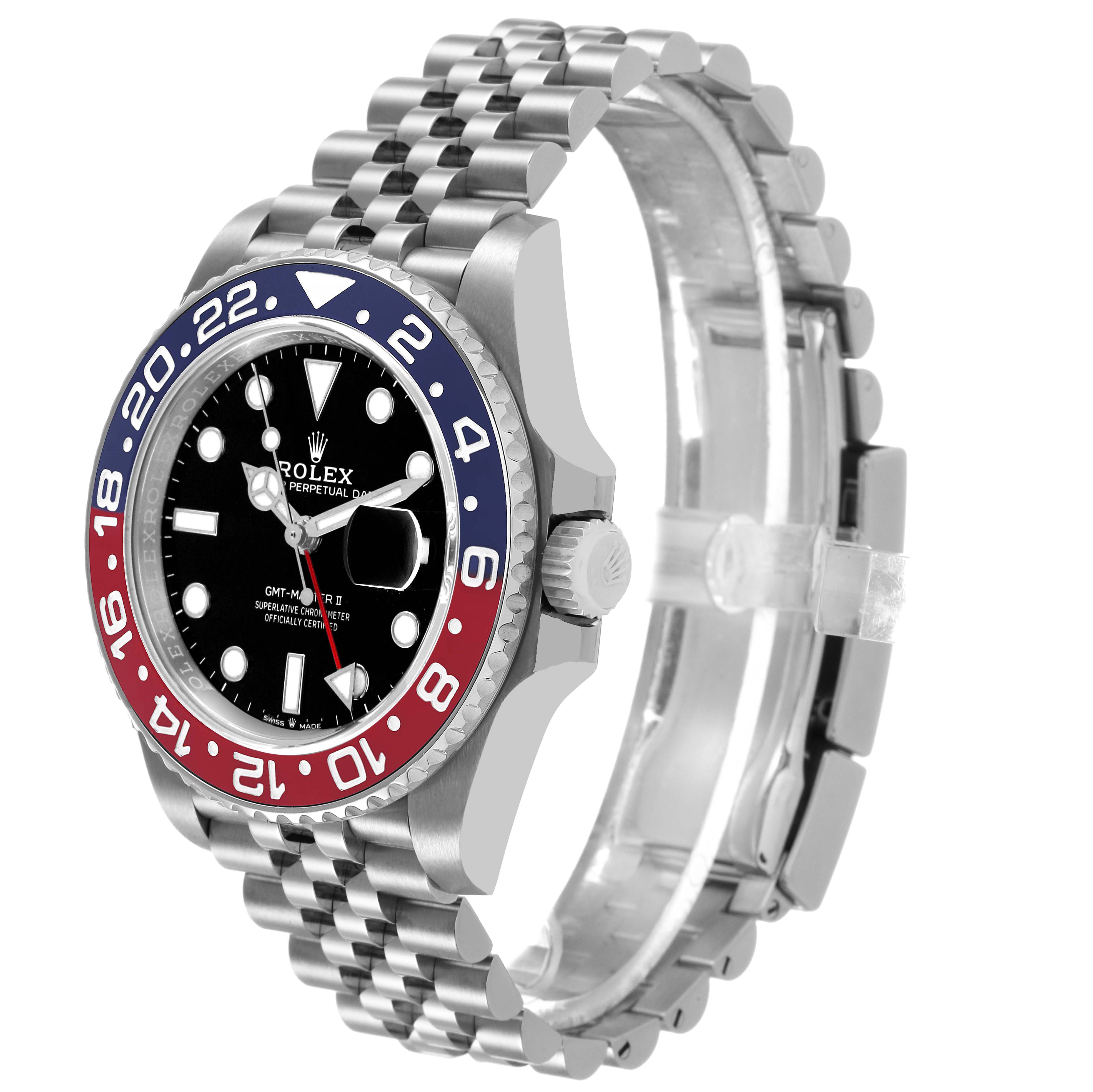 The Rolex GMT-Master 126710BLRO Men's Stainless Steel Black Dial is shown at an angled side view, displaying the bezel, dial, crown, and part of the jubilee bracelet.
