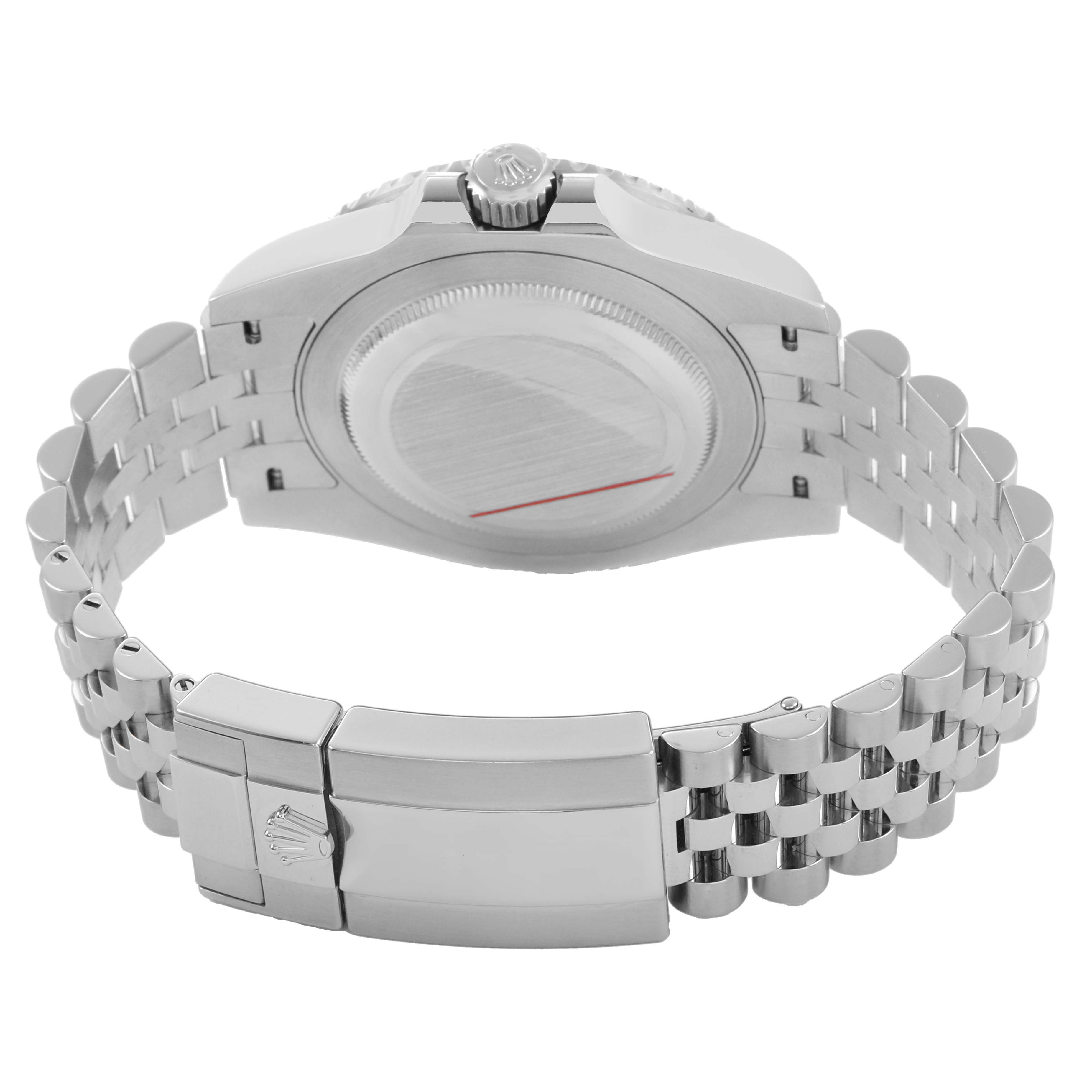The image shows the back side of a Rolex GMT-Master 126710BLRO Men's Stainless Steel Black Dial watch, focusing on the case back, crown, and metal bracelet with clasp.