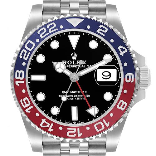 The Rolex GMT-Master 126710BLRO Men's Stainless Steel Black Dial model is shown from the front, displaying the bezel, dial, hands, and date window.