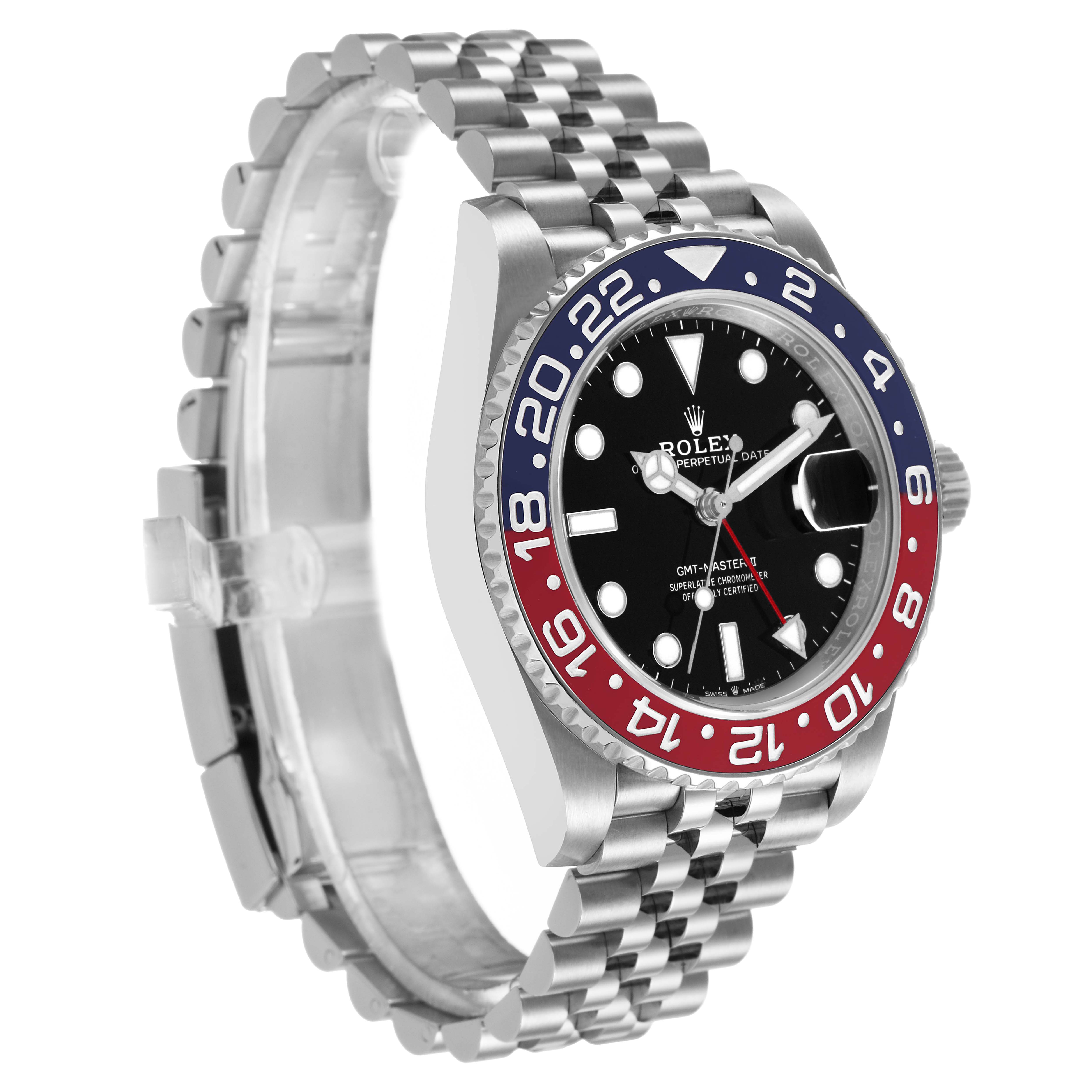 The Rolex GMT-Master 126710BLRO Men's Stainless Steel Black Dial is shown from a three-quarter angle, highlighting the bezel, dial, and bracelet.