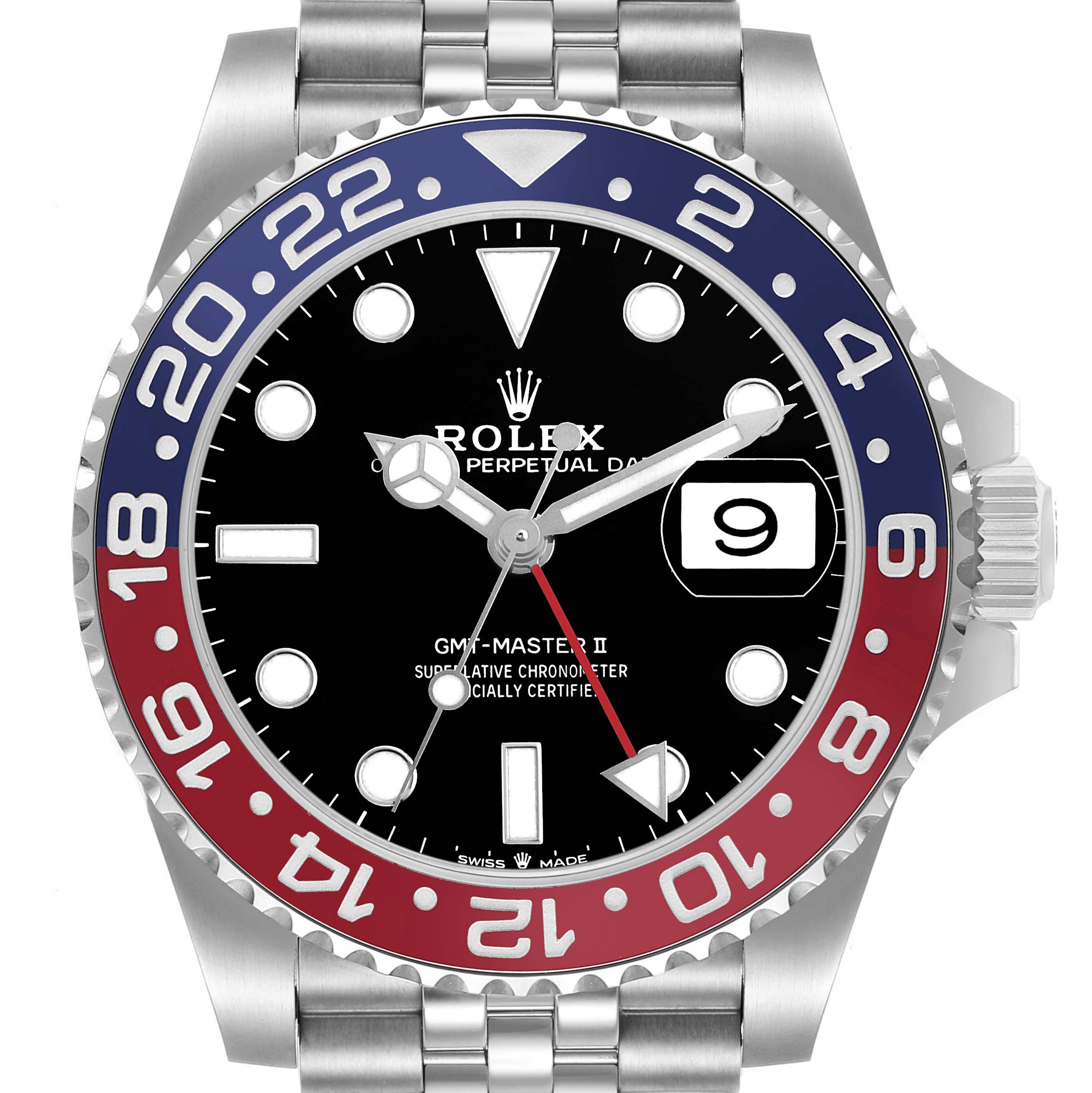 The Rolex GMT-Master 126710BLRO Men's Stainless Steel Black Dial watch is shown from the front, highlighting its bezel, black dial, and date window.