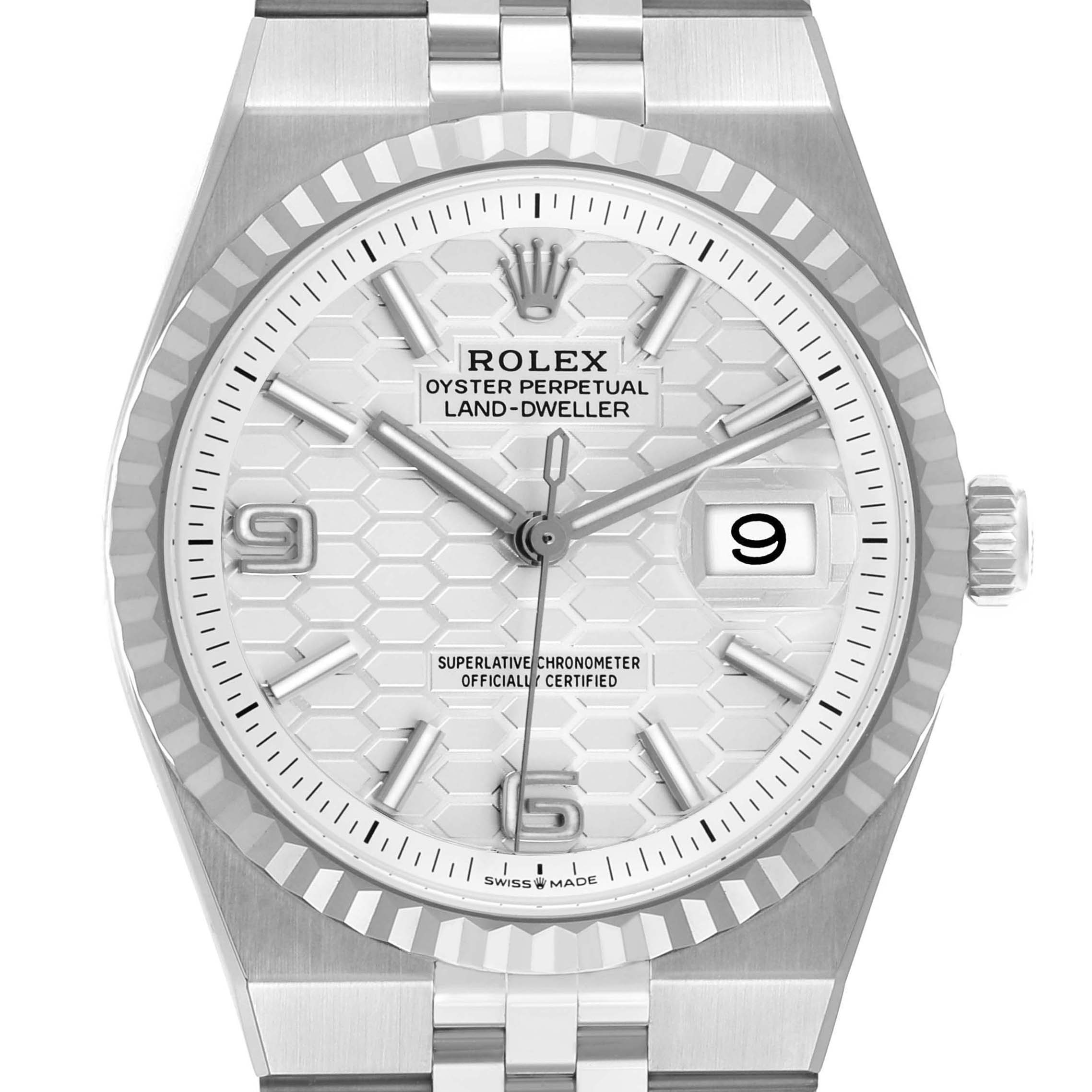 The image shows a frontal view of the Rolex Land-Dweller, highlighting its face, bezel, and part of the bracelet.