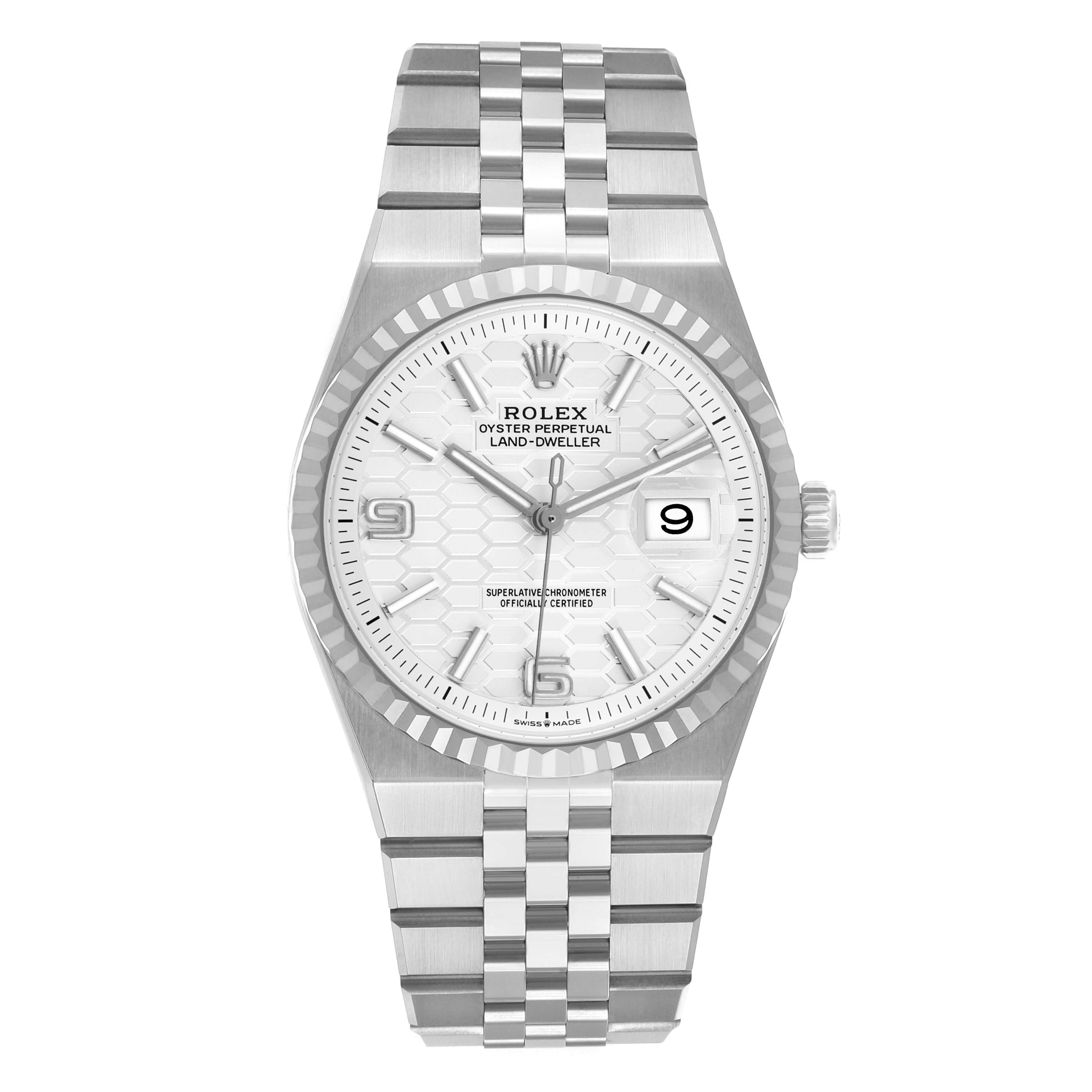 The Rolex Land‑Dweller 127234 Mens Stainless Steel White Dial watch is shown from the front, displaying its face, bezel, and bracelet.