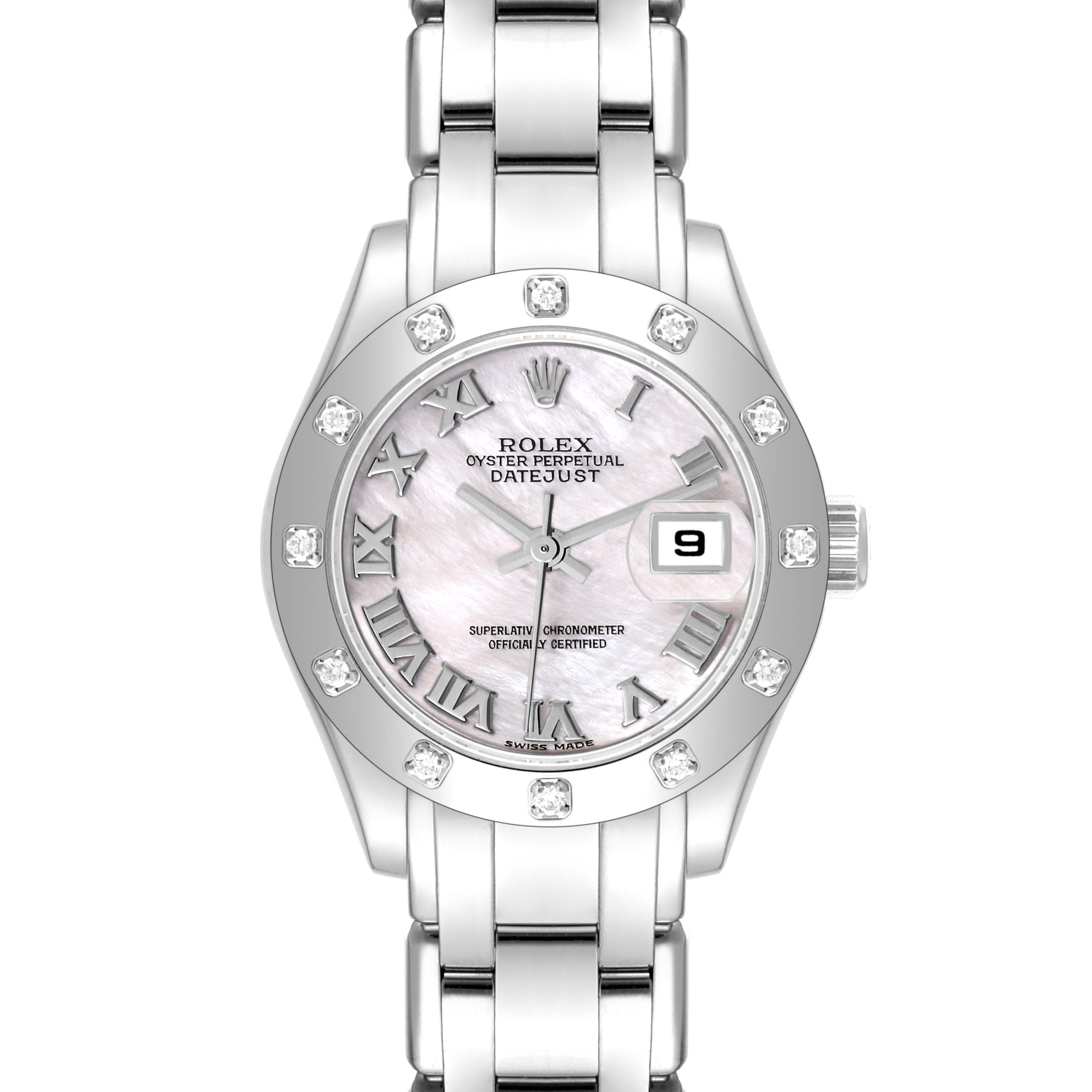 This image shows a frontal view of a Rolex Pearlmaster 80319 Women's White Gold Mother of Pearl Dial 80319 Women's White Gold Mother of Pearl Dial watch, displaying its face, bezel, and part of the bracelet.