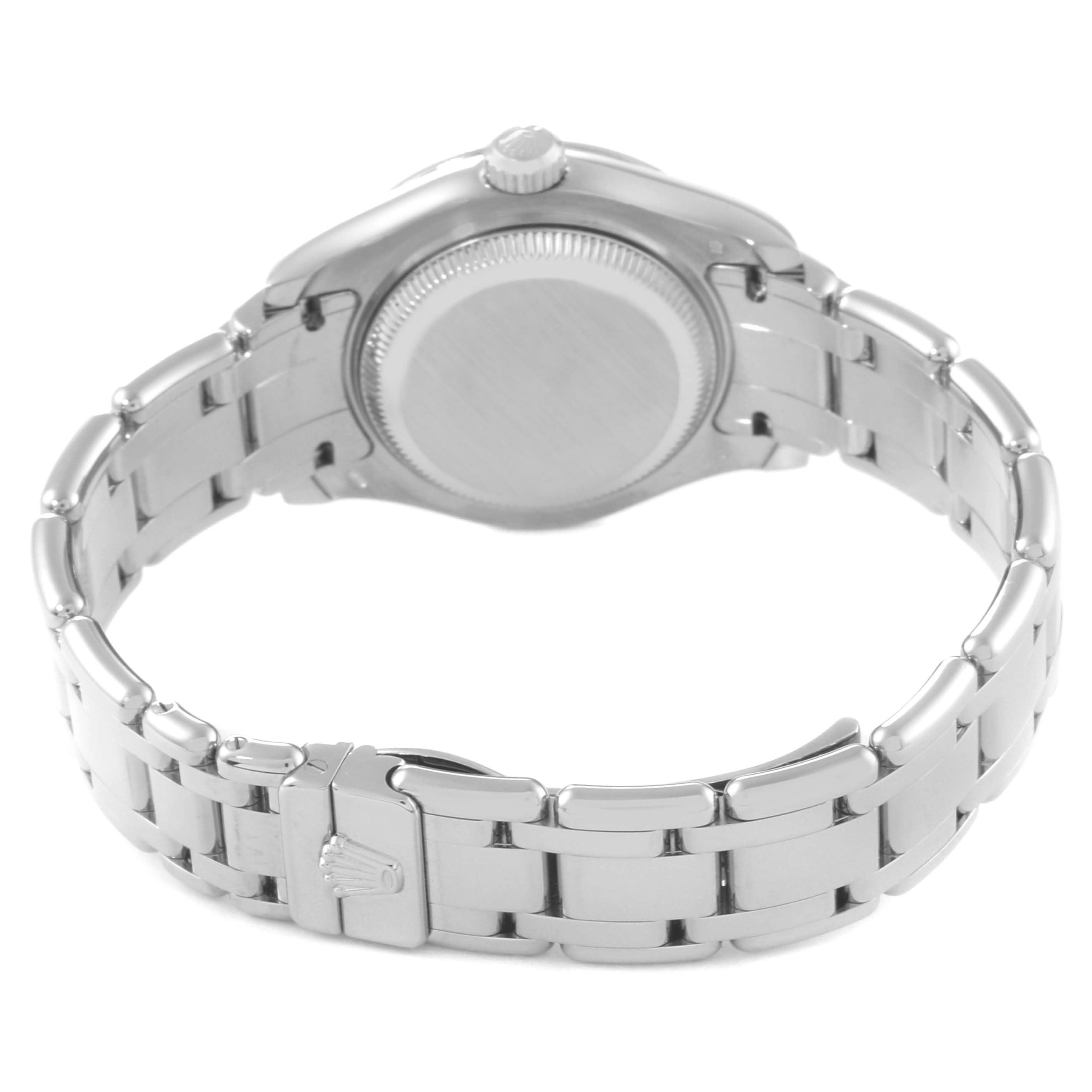 This image shows the back of the Rolex Pearlmaster 80319 Women's White Gold Mother of Pearl Dial 80319 Women's White Gold Mother of Pearl Dial watch, highlighting the bracelet and clasp.