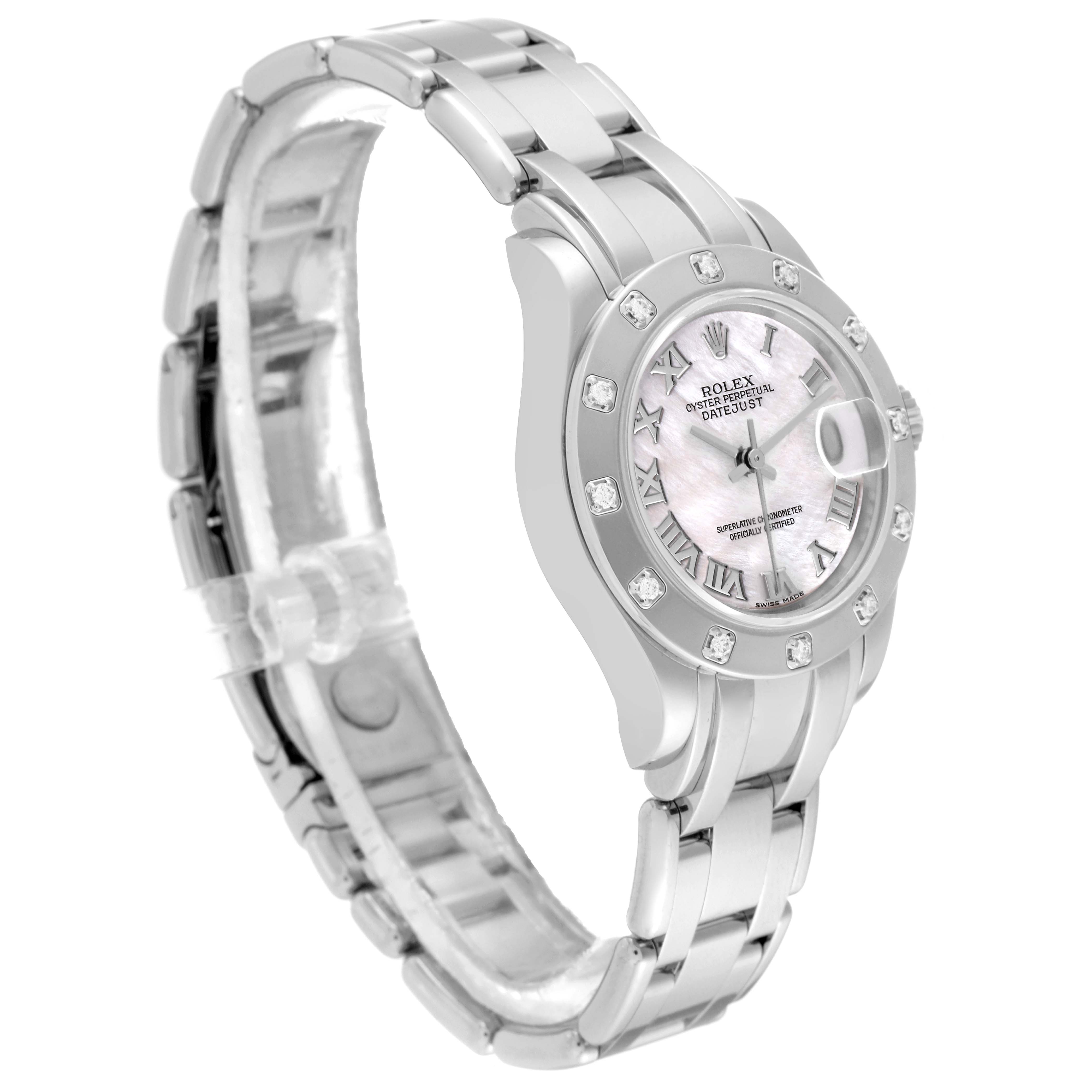 The image shows a side and slightly top angle of a Rolex Pearlmaster 80319 Women's White Gold Mother of Pearl Dial 80319 Women's White Gold Mother of Pearl Dial watch, highlighting its bracelet and diamond-studded bezel.