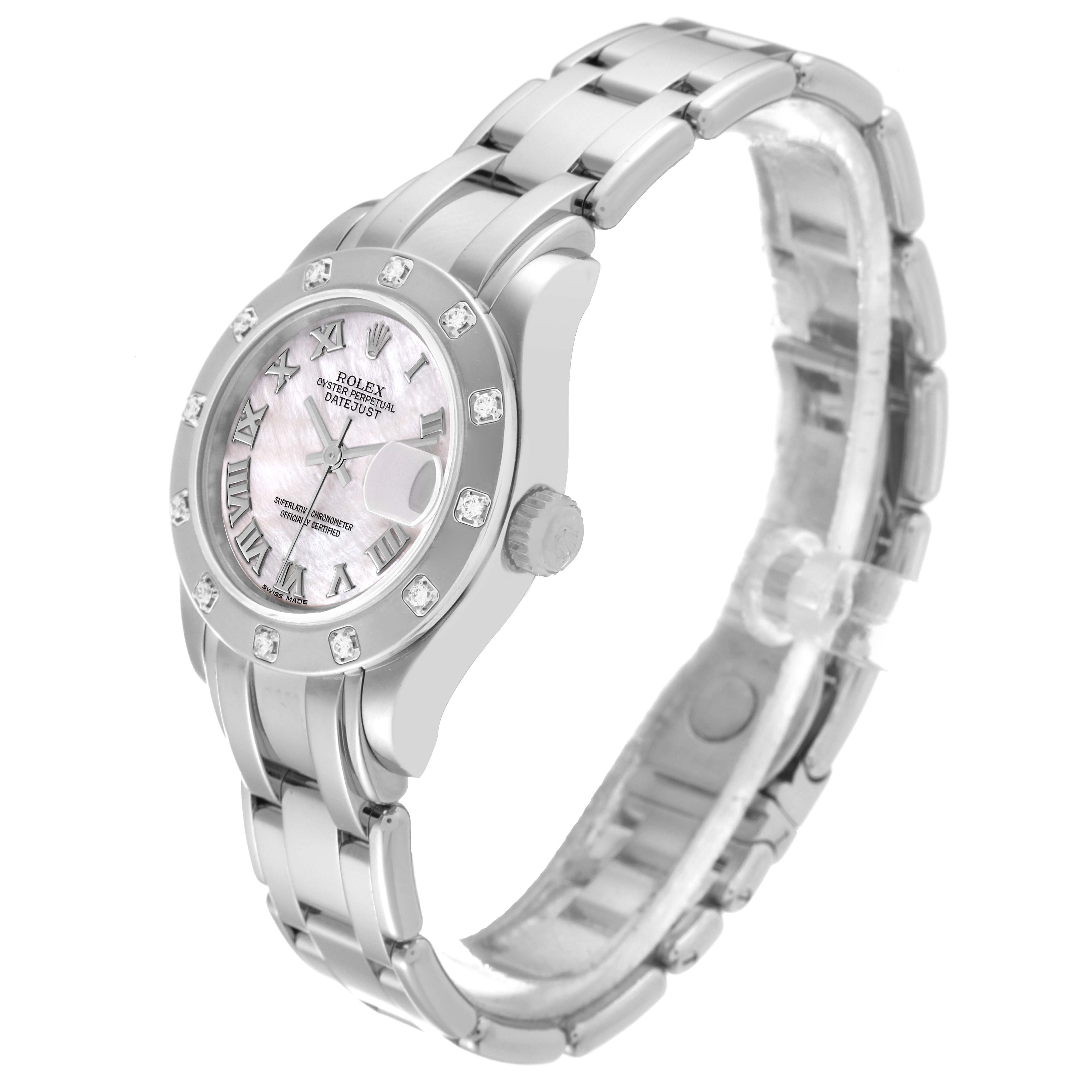 The image shows a side angle of the Rolex Pearlmaster 80319 Women's White Gold Mother of Pearl Dial 80319 Women's White Gold Mother of Pearl Dial watch, highlighting its bezel, dial, crown, and bracelet links.
