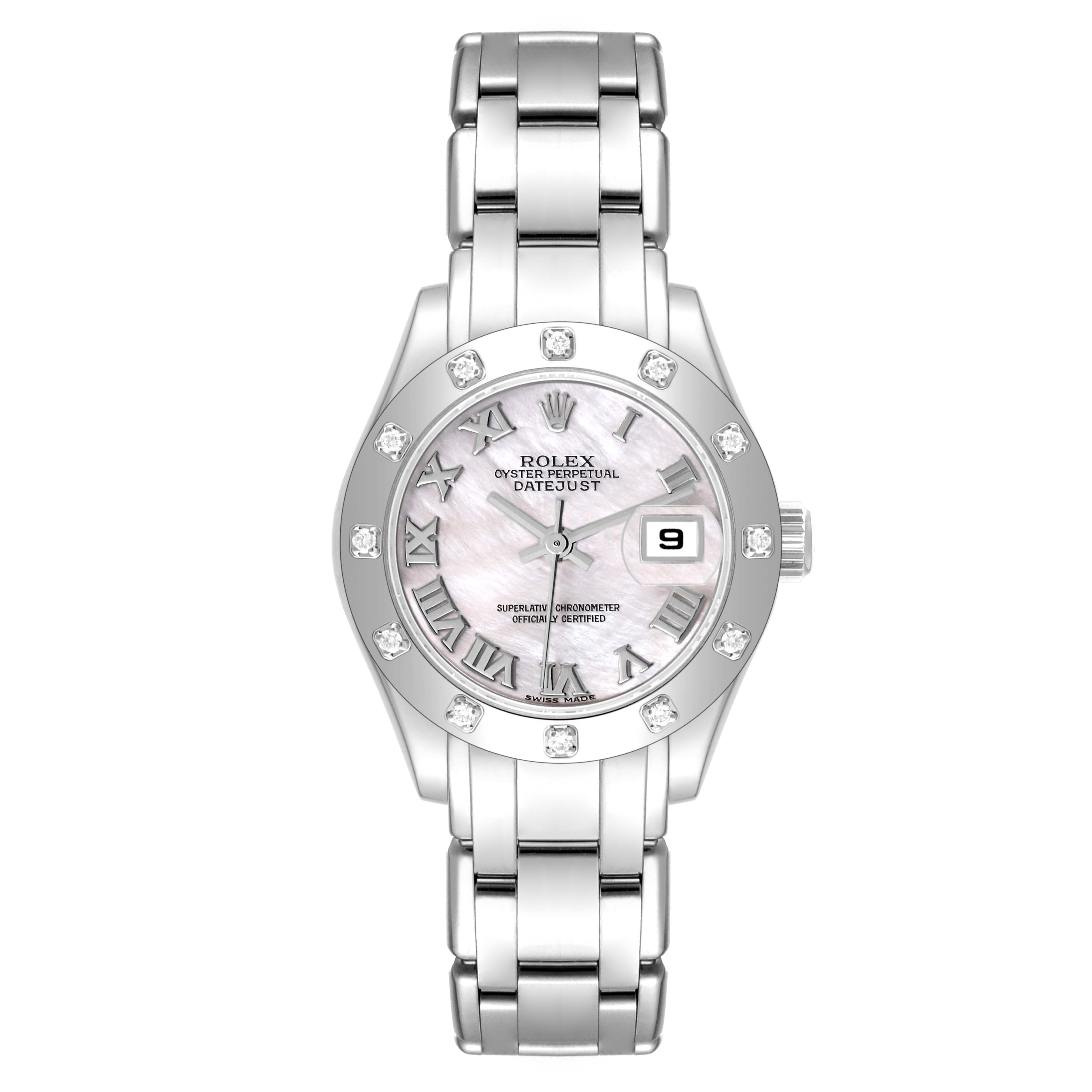 The image shows a front view of a Rolex Pearlmaster 80319 Women's White Gold Mother of Pearl Dial 80319 Women's White Gold Mother of Pearl Dial watch, featuring a metal bracelet and a jeweled bezel.