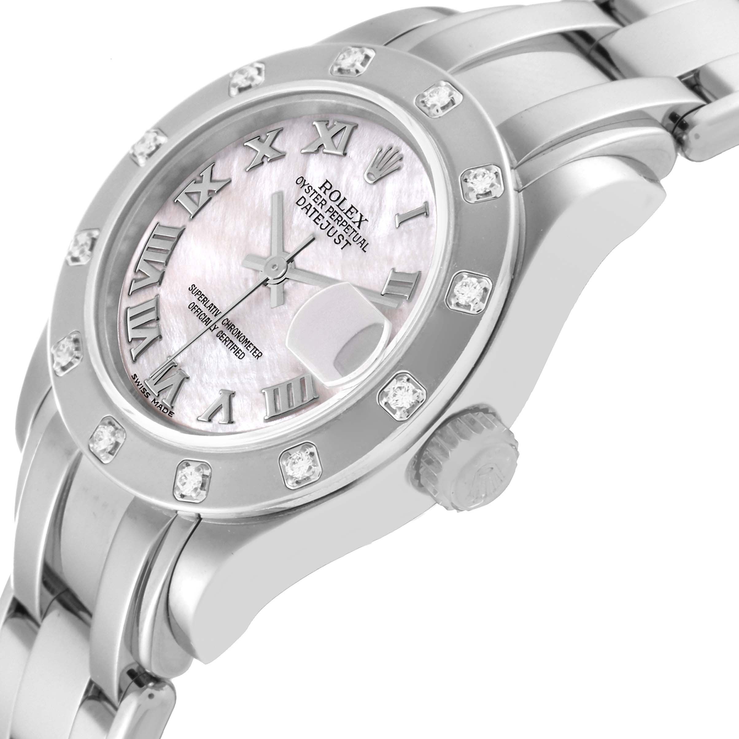 This image shows a Rolex Pearlmaster 80319 Women's White Gold Mother of Pearl Dial 80319 Women's White Gold Mother of Pearl Dial watch at a slight right-side angle, focusing on the dial, bezel, and part of the bracelet.