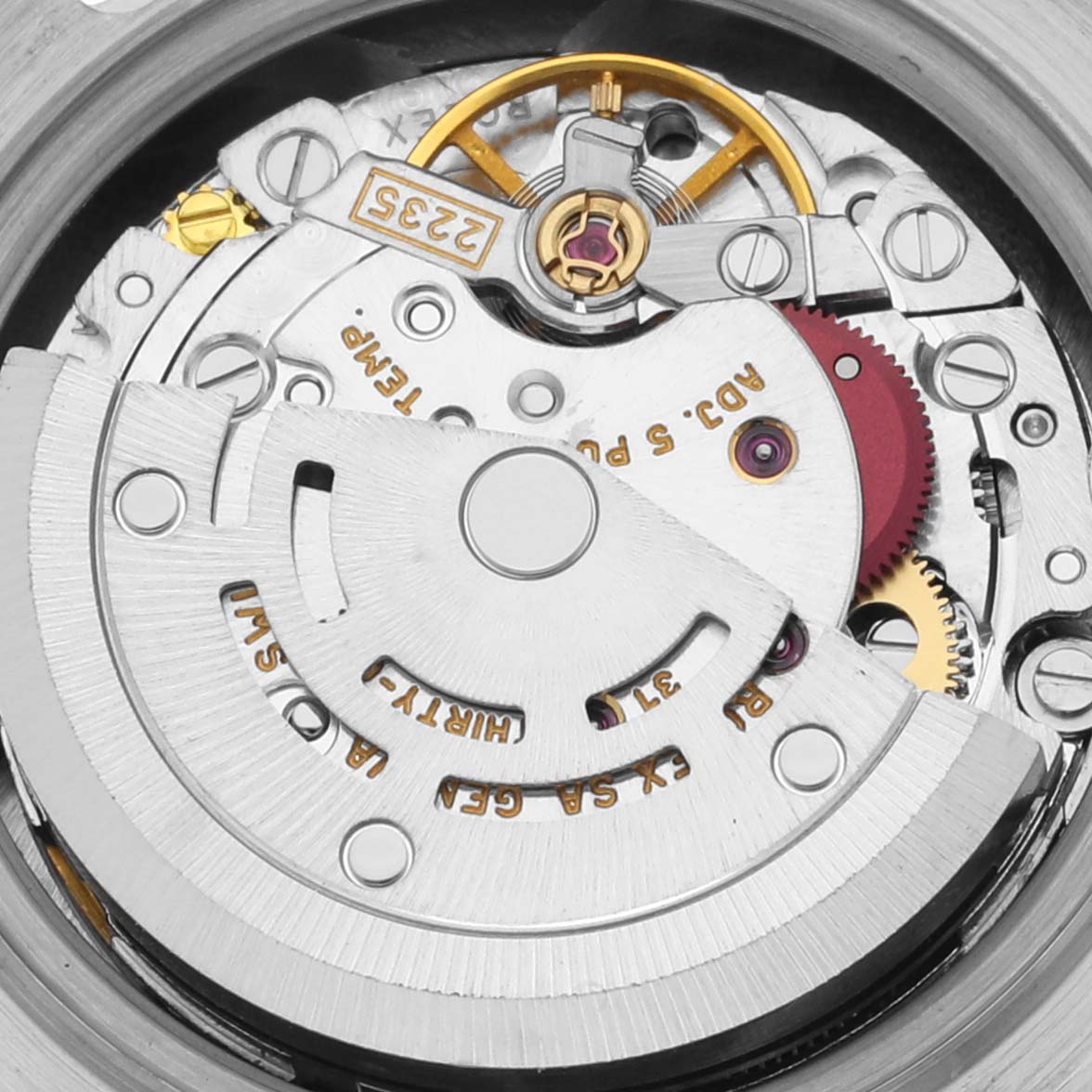 The image shows a close-up of the movement mechanism inside a Rolex Pearlmaster 80319 Women's White Gold Mother of Pearl Dial 80319 Women's White Gold Mother of Pearl Dial watch.