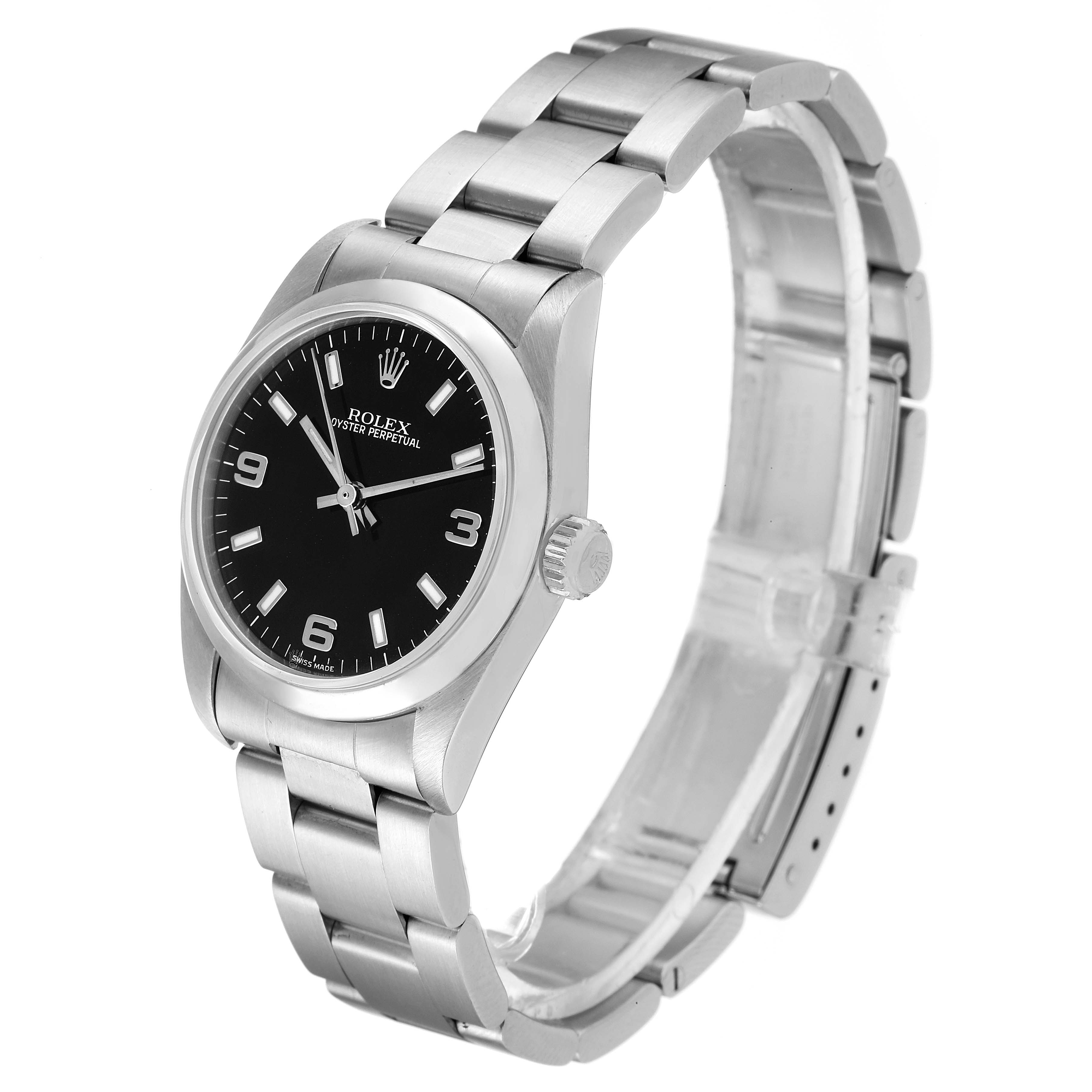 The image shows a Rolex Mid-Size 77080 Women's Stainless Steel Black Dial 77080 Women's Stainless Steel Black Dial watch from a three-quarter angle, highlighting the face, bezel, crown, and bracelet.