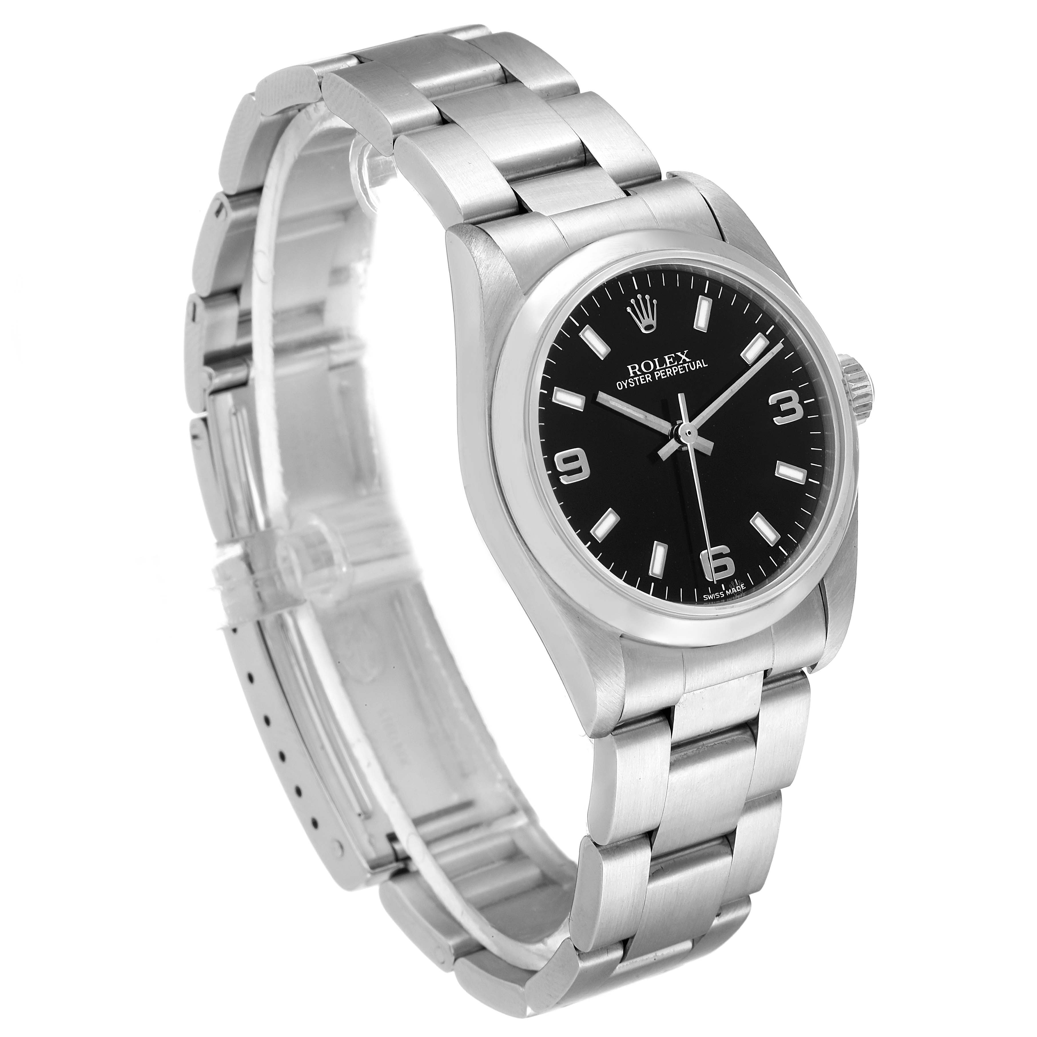 This image shows a mid-sized Rolex Oyster Perpetual watch, angled to display the face, bracelet, and clasp.