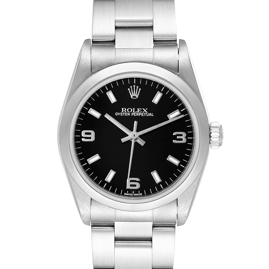 Rolex Midsize 31 Black Dial Domed Bezel Steel Ladies Watch 77080 SwissWatchExpo