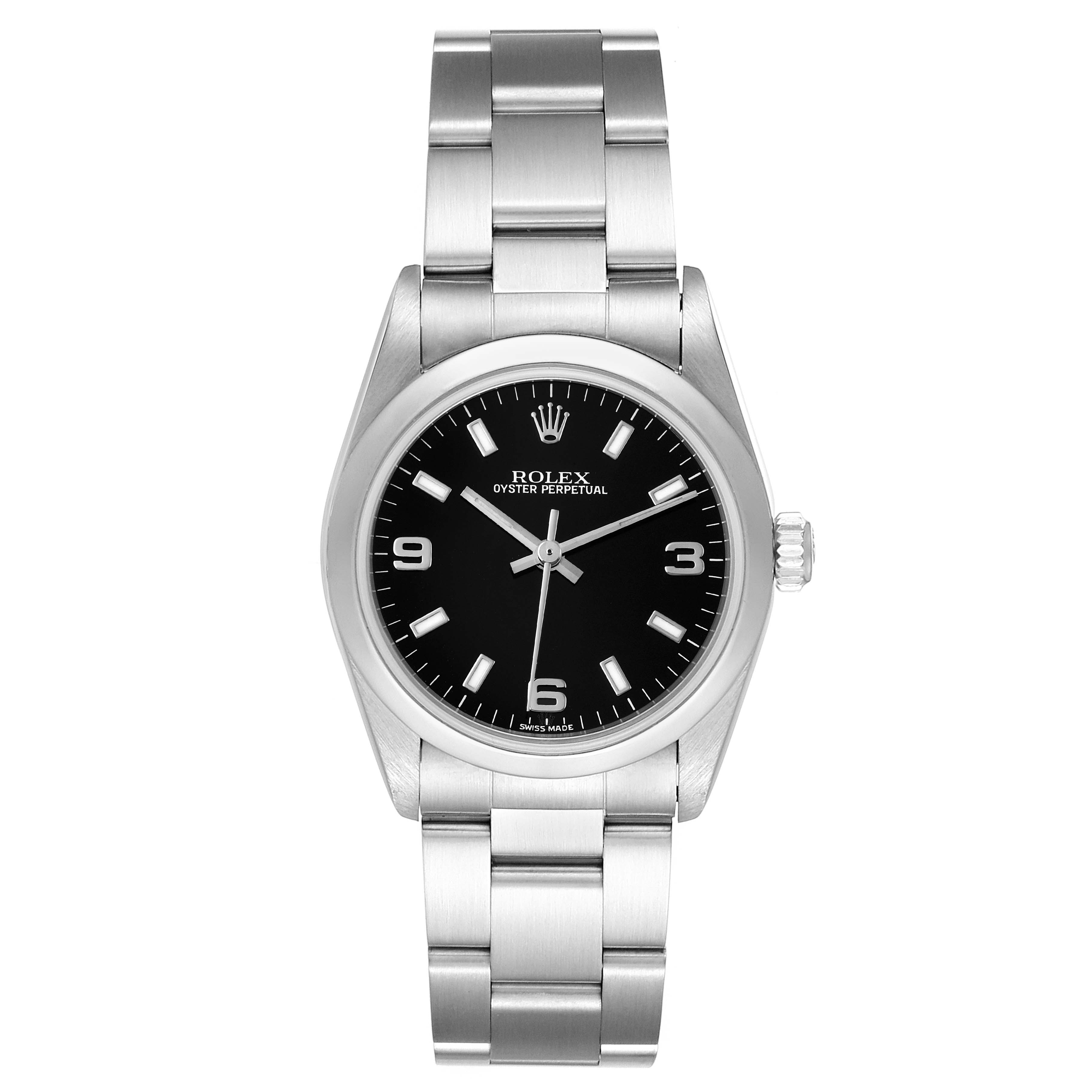 This image shows a front-facing view of a Rolex Oyster Perpetual Mid-Size watch, displaying the dial, case, and bracelet.