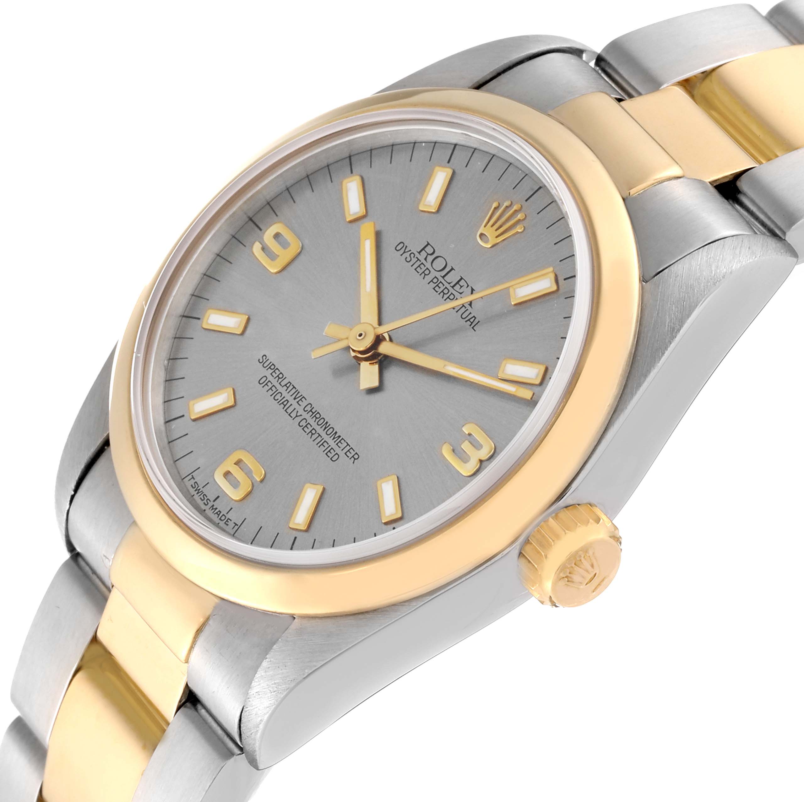 The Rolex Mid-Size 67483 Women's Steel and Gold (two tone) Grey Dial 67483 Women's Steel and Gold (two tone) Grey Dial model watch is shown at an angled view, highlighting the dial, bezel, hands, crown, and part of the bracelet.