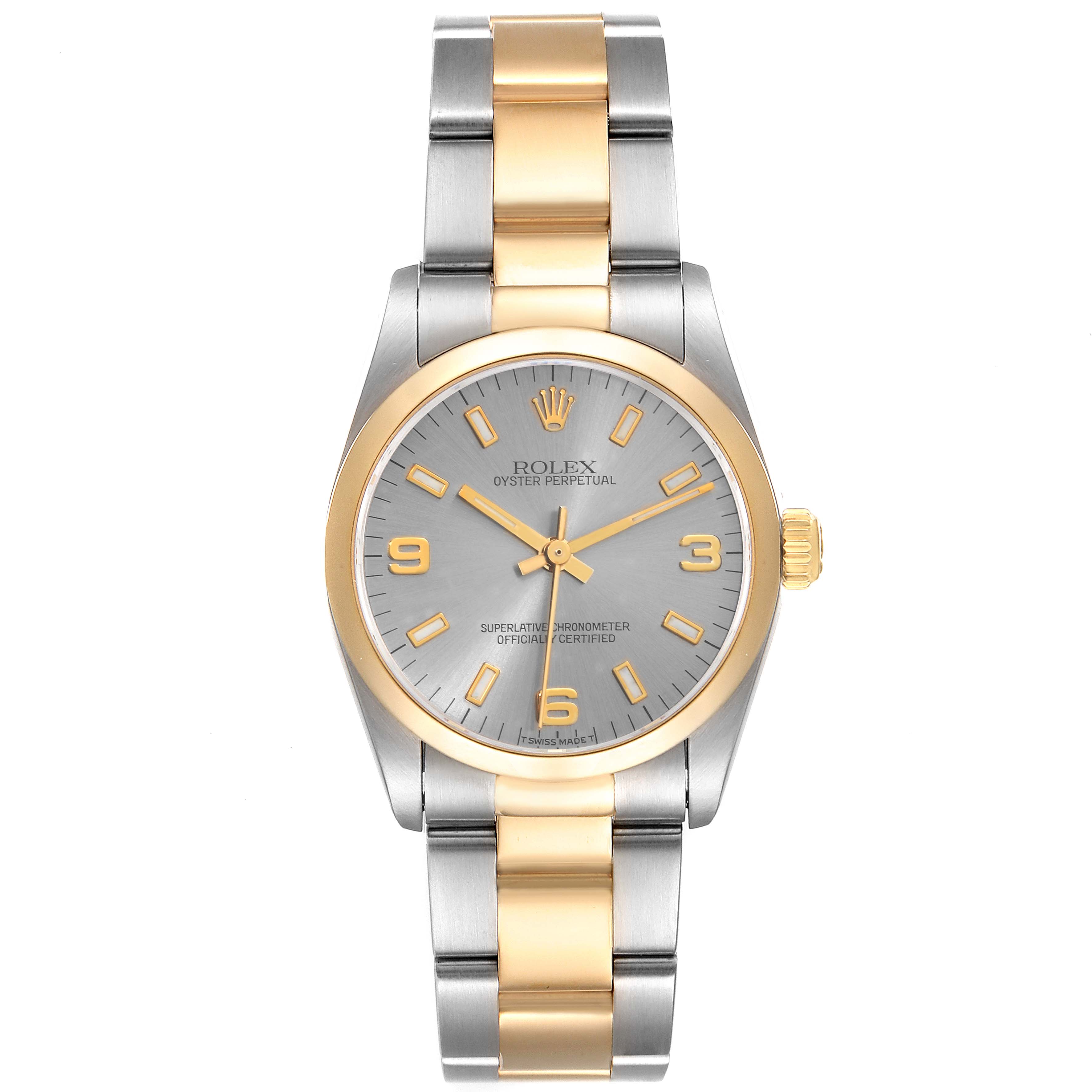 This Rolex Mid-Size 67483 Women's Steel and Gold (two tone) Grey Dial 67483 Women's Steel and Gold (two tone) Grey Dial model watch is shown from a front angle, displaying the dial, bezel, and bracelet prominently.