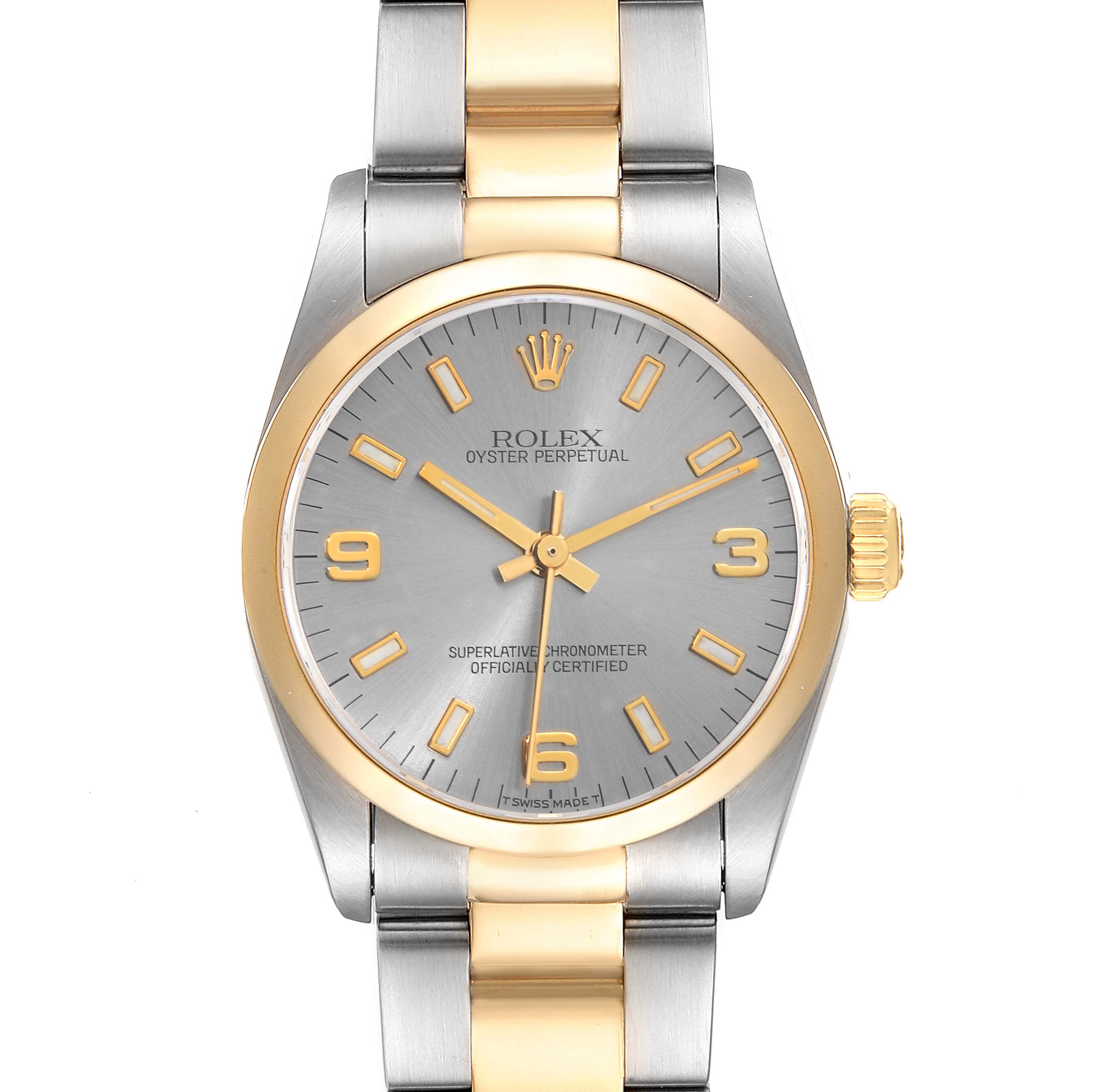The image shows a front view of a Rolex Mid-Size 67483 Women's Steel and Gold (two tone) Grey Dial 67483 Women's Steel and Gold (two tone) Grey Dial Oyster Perpetual watch with a two-tone gold and silver bracelet.