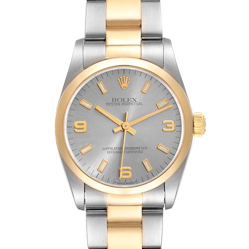 The Rolex Oyster Perpetual Mid-Size watch is shown from a frontal angle, displaying its face, dial, crown, and the top of the bracelet.