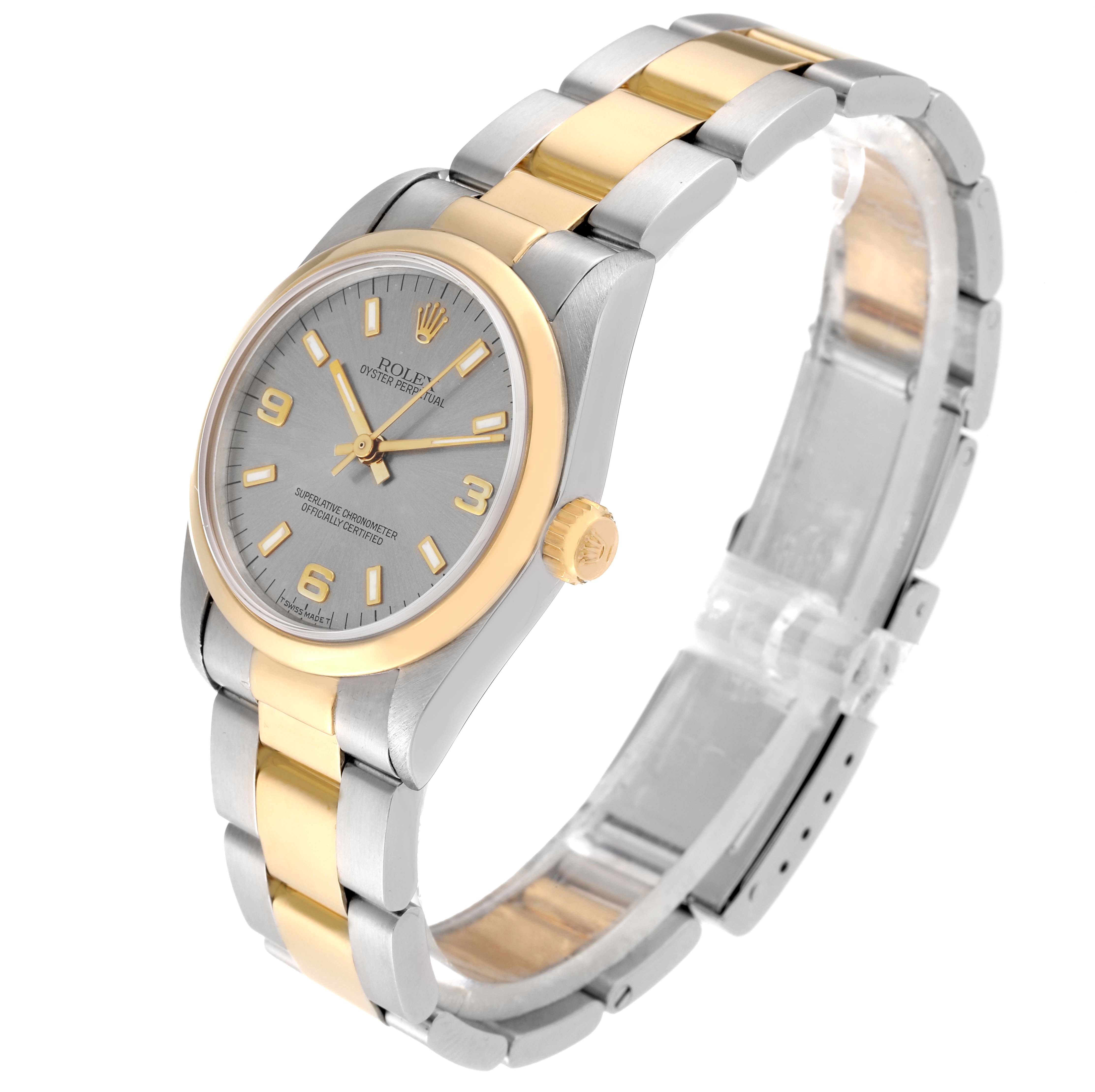 This image shows a side view of the Mid-Size Rolex watch, featuring its dial, bezel, and bracelet.