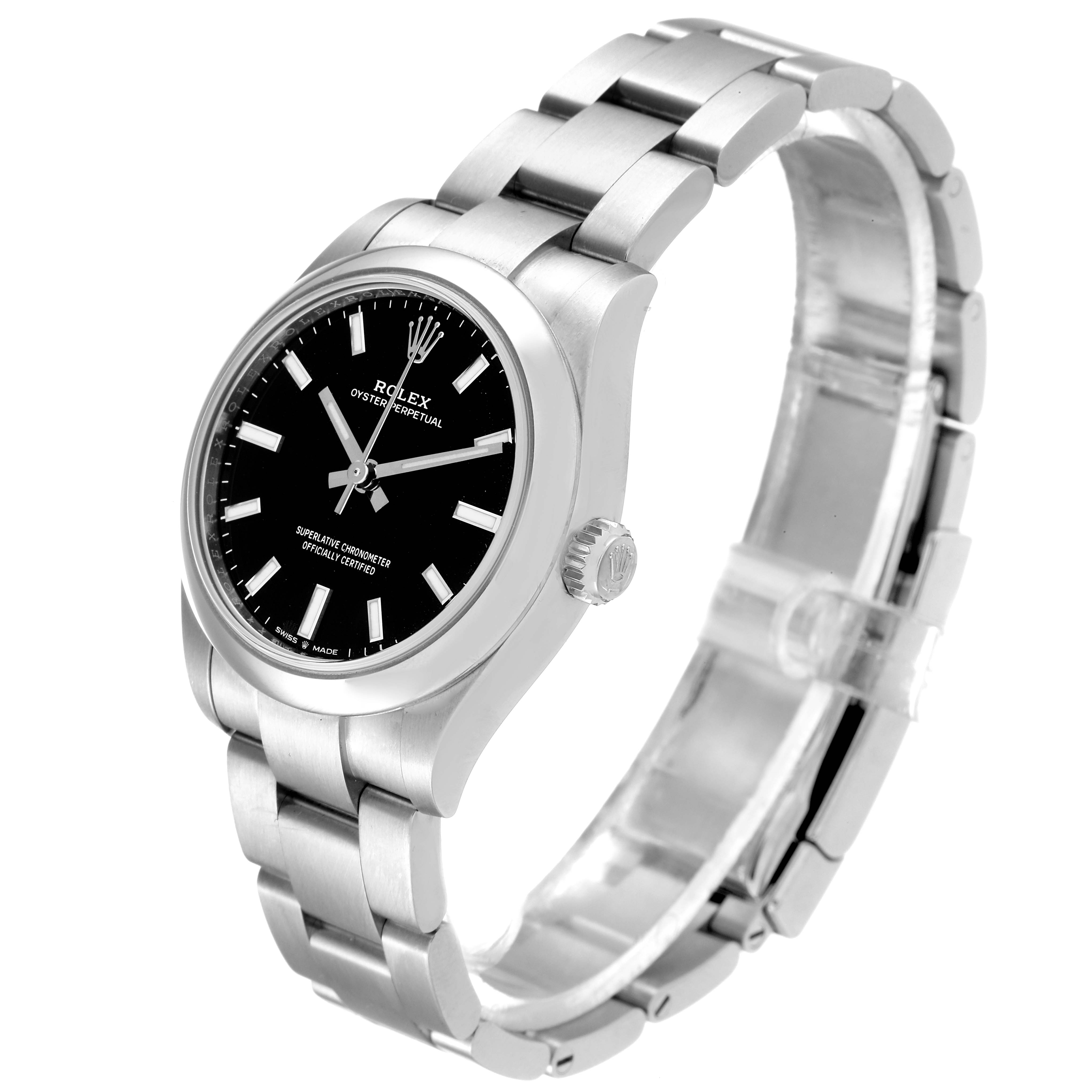 The image shows a Mid-Size Rolex Oyster Perpetual watch from a front-side angle, displaying the face, bezel, crown, and bracelet.