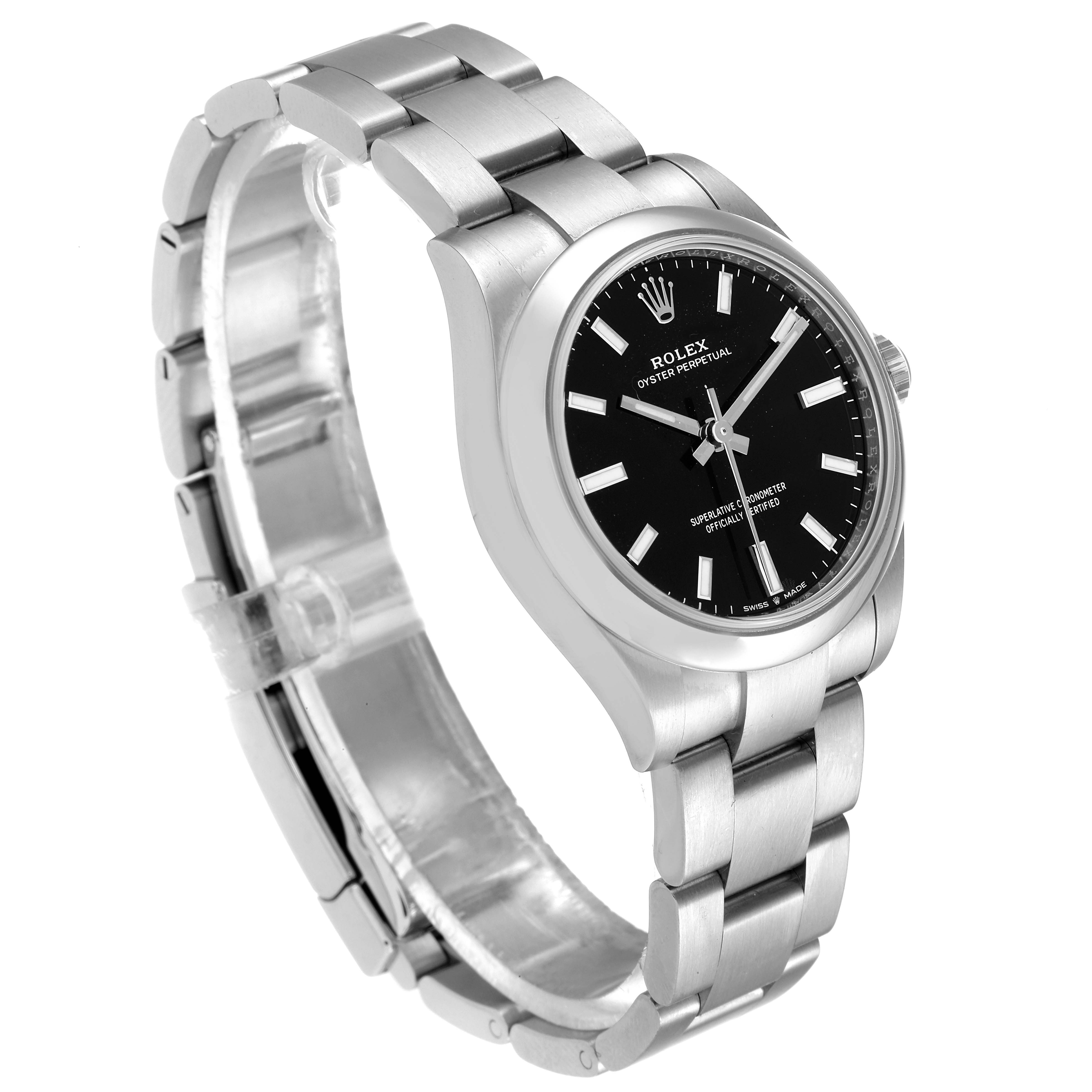 The Rolex Mid-Size 277200 Women
s Stainless Steel Black Dial 277200 Women
s Stainless Steel Black Dial watch is shown at a slight angle, displaying the black dial, stainless steel case, and bracelet.