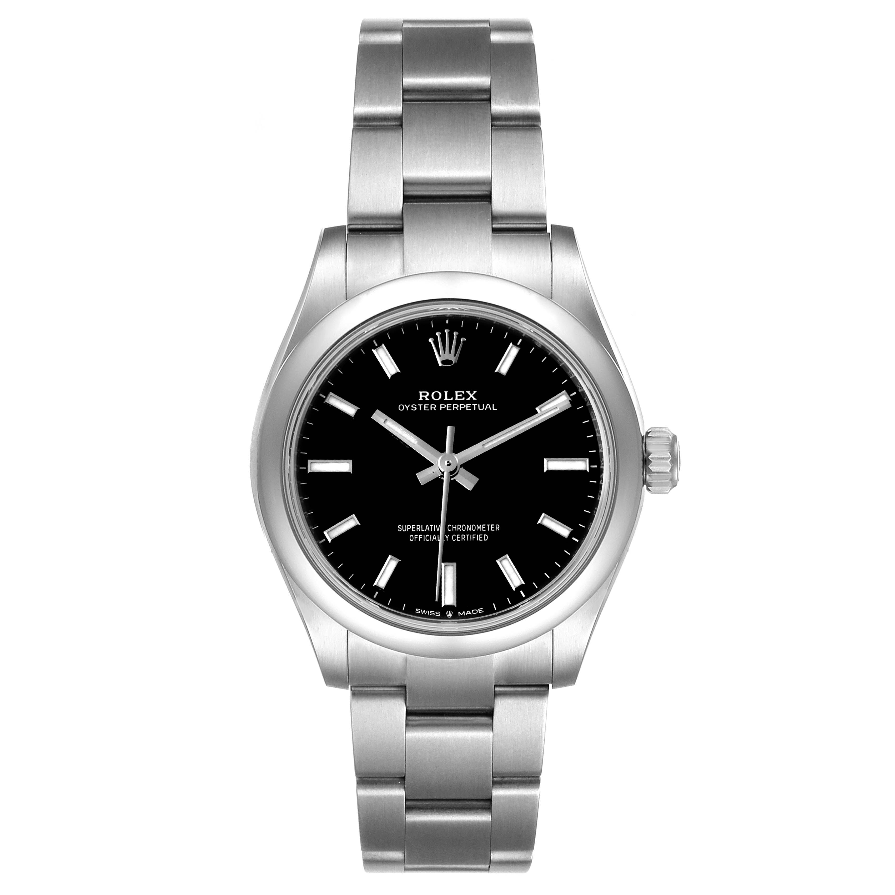 This image shows a frontal view of a Rolex Oyster Perpetual Mid-Size watch, highlighting the bracelet and dial.