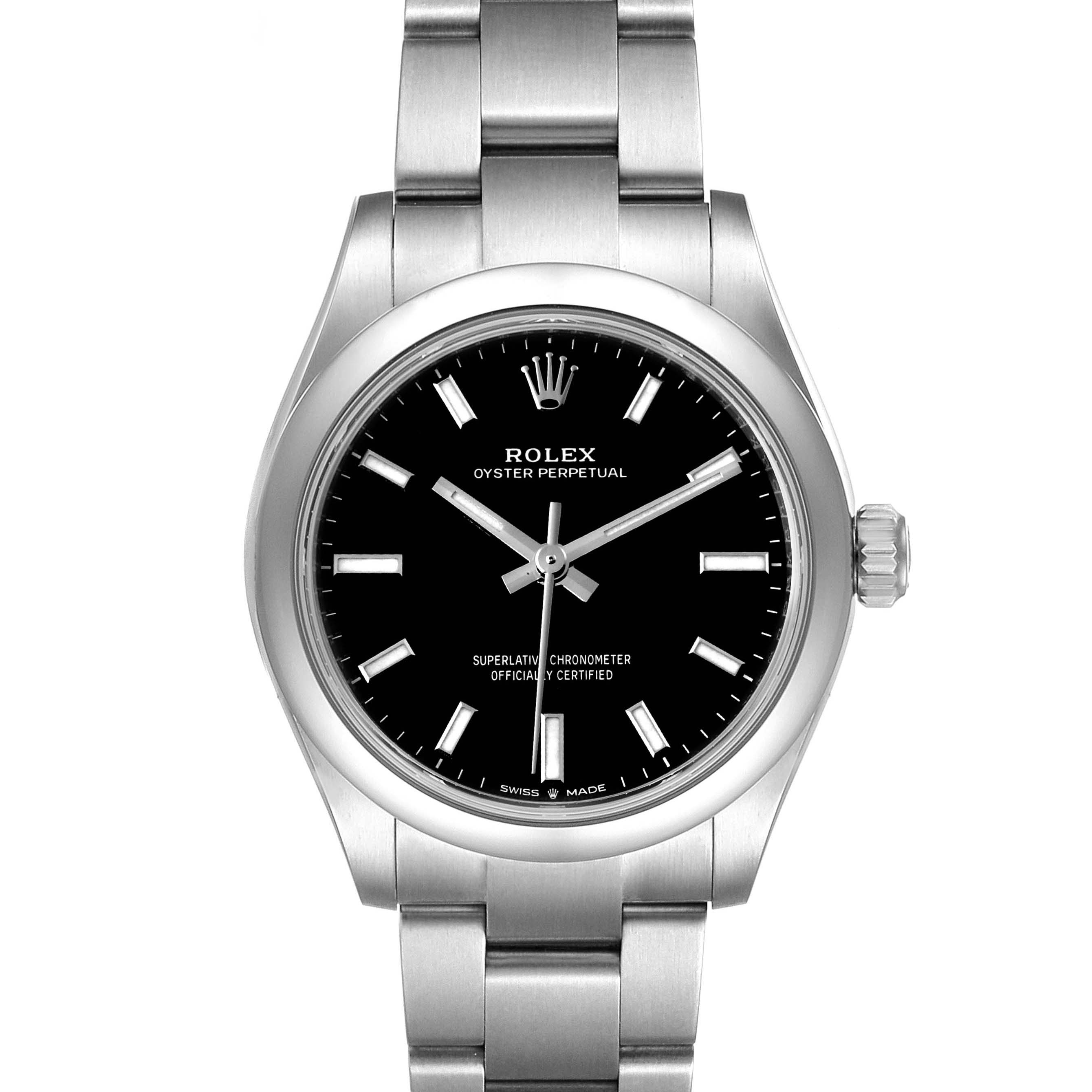 The image shows a front view of the Rolex Mid-Size 277200 Women
s Stainless Steel Black Dial 277200 Women
s Stainless Steel Black Dial Oyster Perpetual watch, featuring its black dial and stainless steel bracelet.