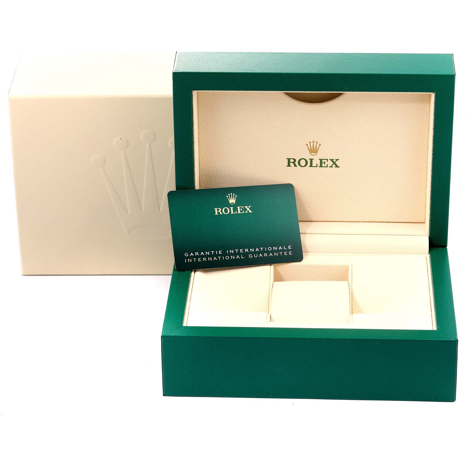 The image shows an open green Rolex box for a Mid-Size model with an international guarantee card.