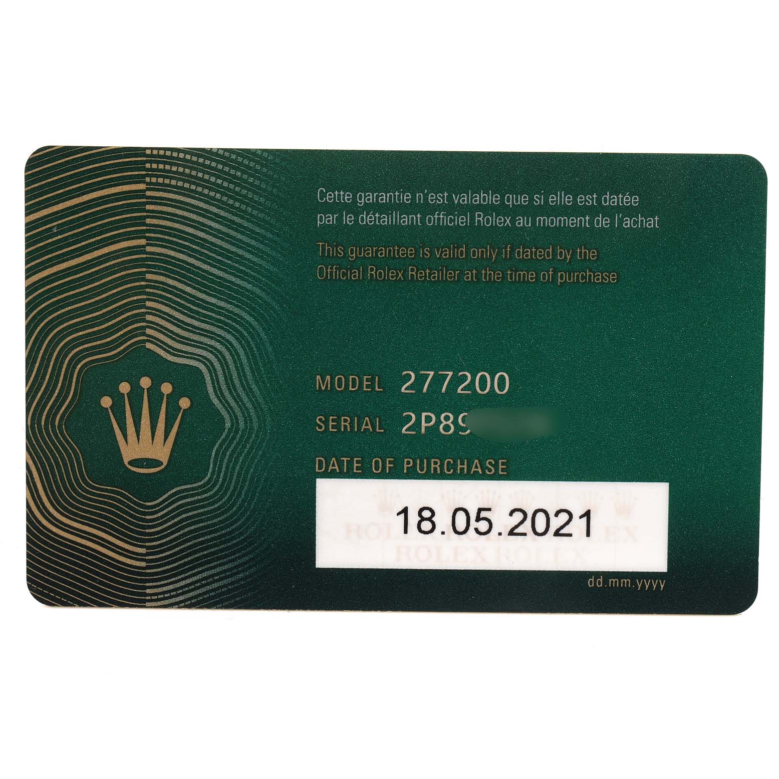 The image shows a Rolex warranty card for the Mid-Size model 277200 with the purchase date of 18.05.2021.