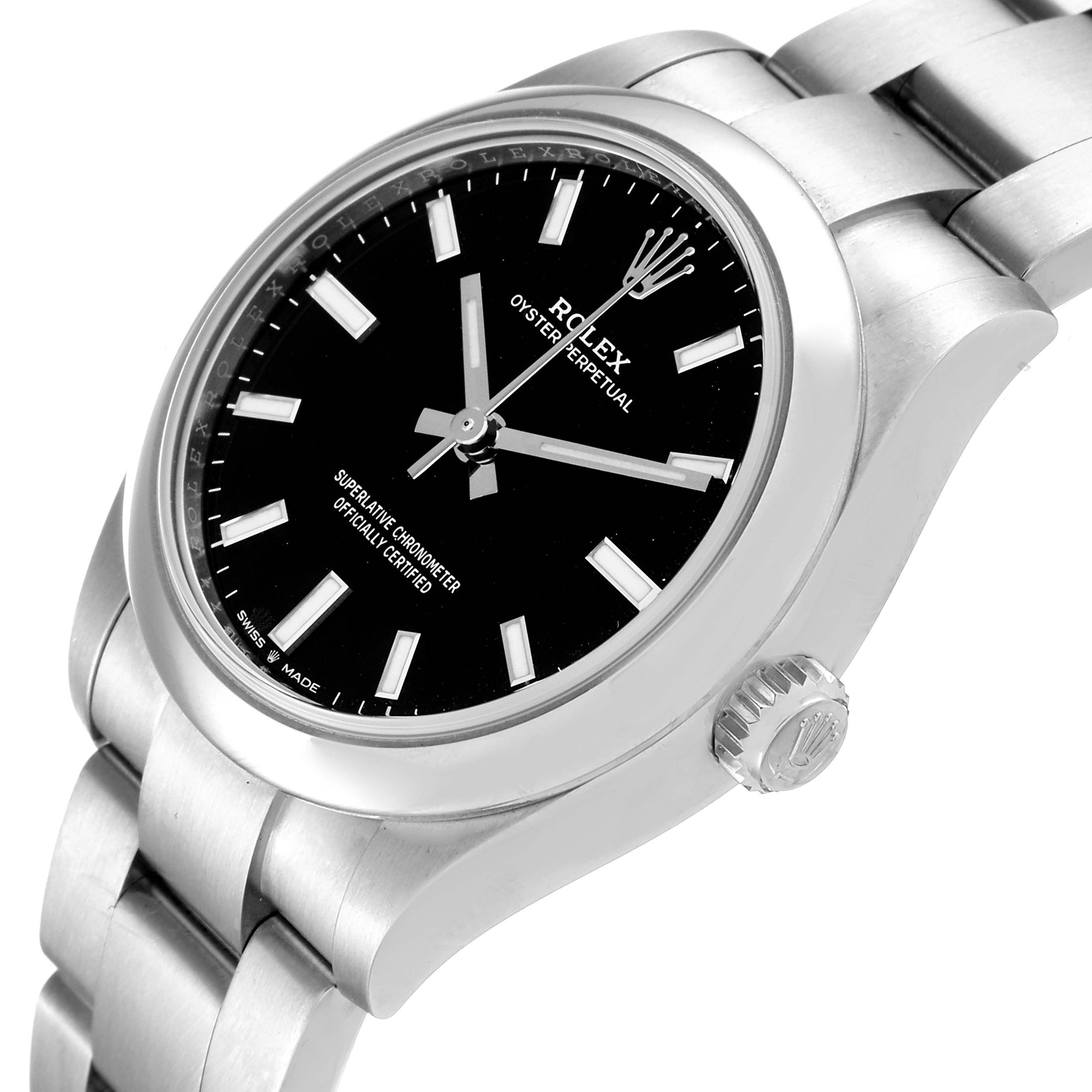 The image shows a Rolex Mid-Size 277200 Women
s Stainless Steel Black Dial 277200 Women
s Stainless Steel Black Dial Oyster Perpetual watch at a slight angle, highlighting the dial, bezel, crown, and bracelet.