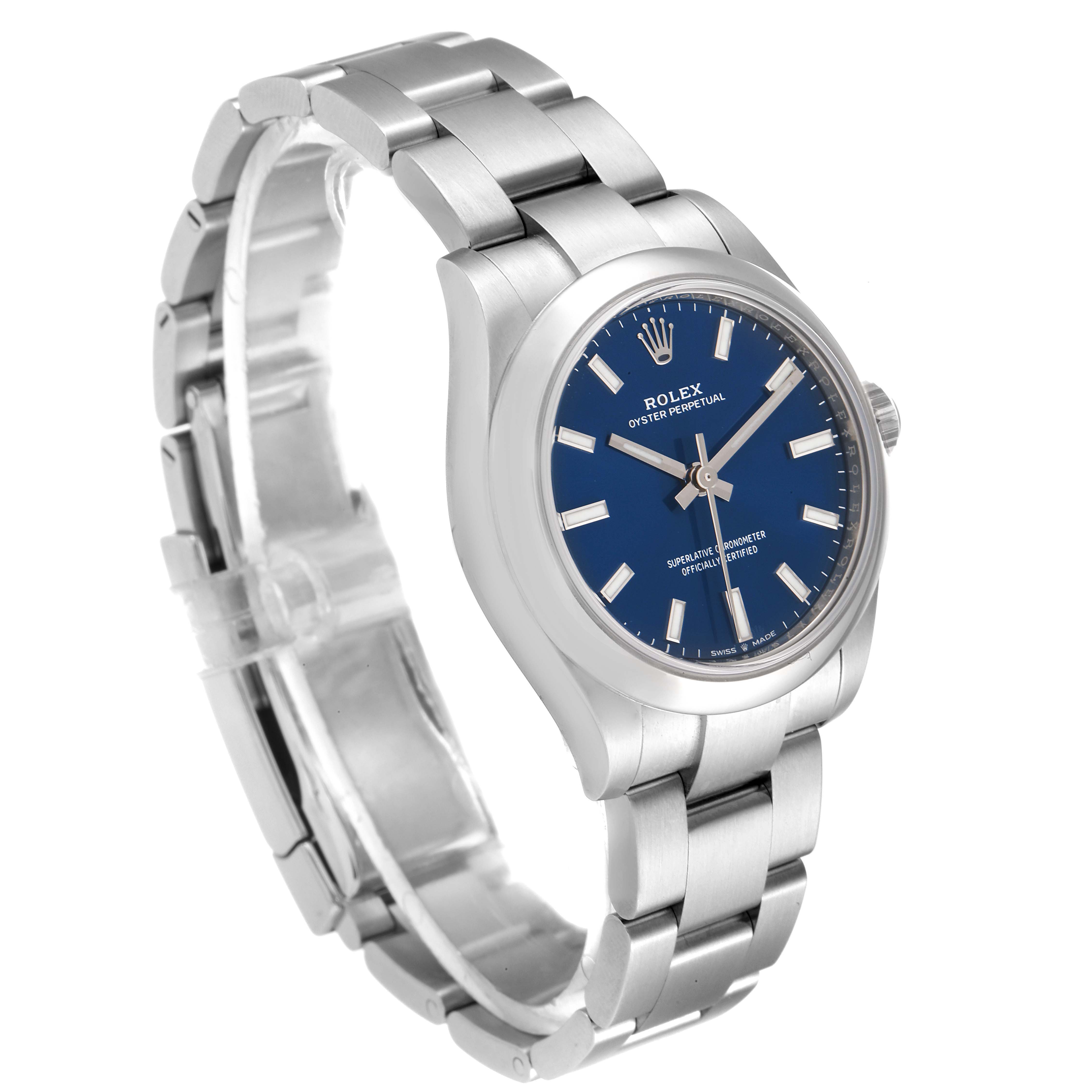 The Rolex Mid-Size 277200 Women
s Stainless Steel Blue Dial 277200 Women
s Stainless Steel Blue Dial watch is shown at a three-quarter angle highlighting the face, bezel, and bracelet.