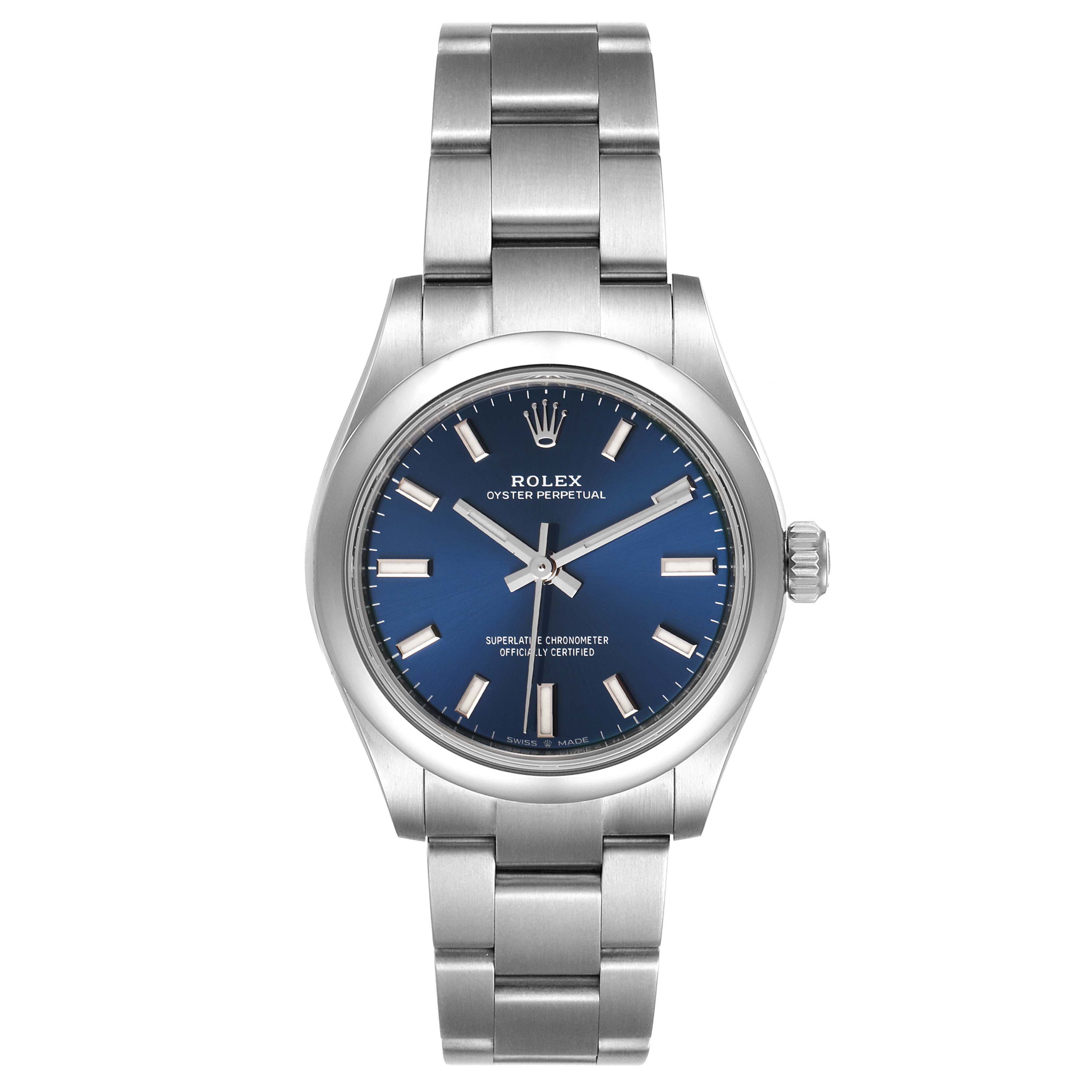 This image shows a front view of a Rolex Oyster Perpetual Mid-Size watch with a blue dial and stainless steel bracelet.