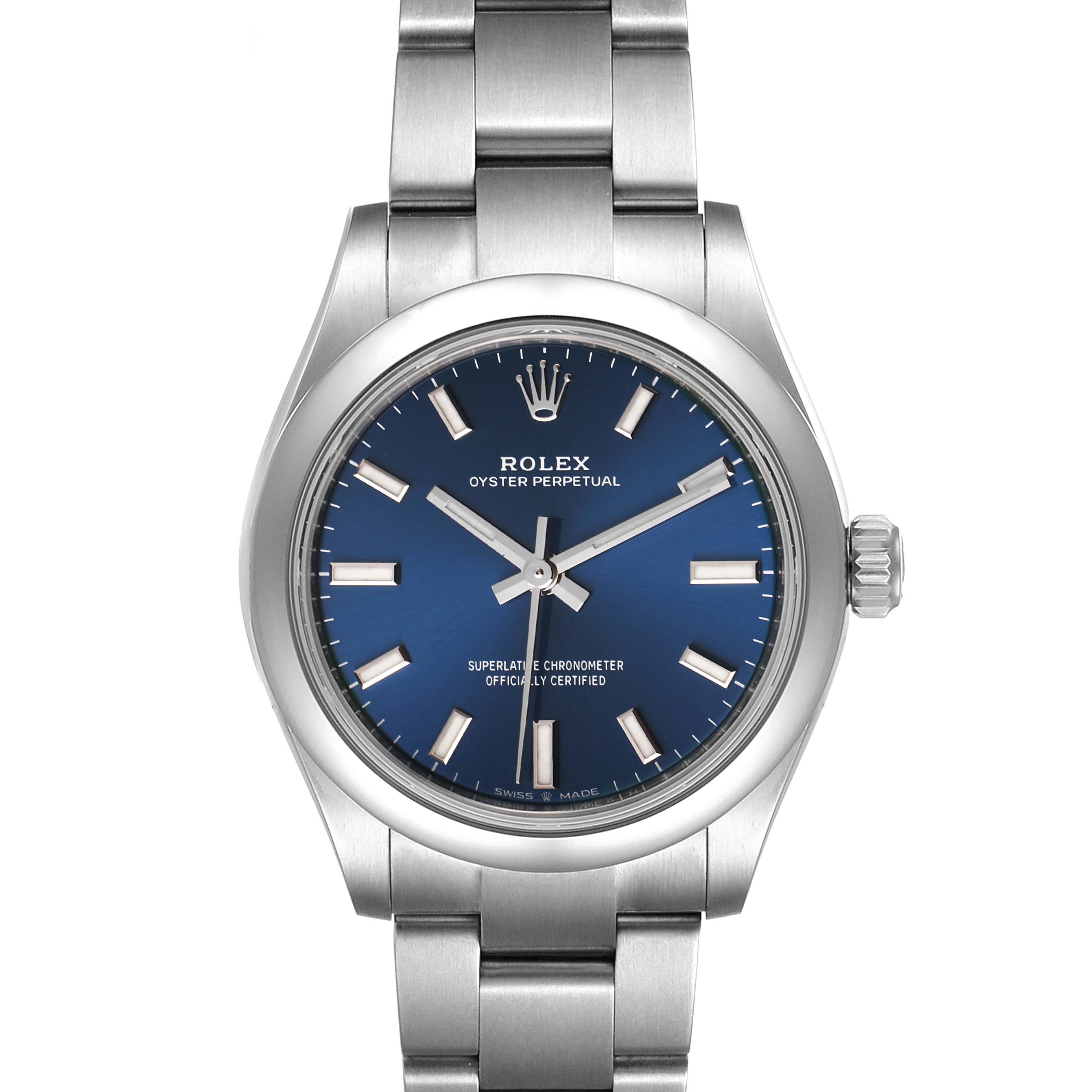 The Rolex Oyster Perpetual Mid-Size watch is shown front-on, displaying the face, dial, bezel, crown, and part of the bracelet.