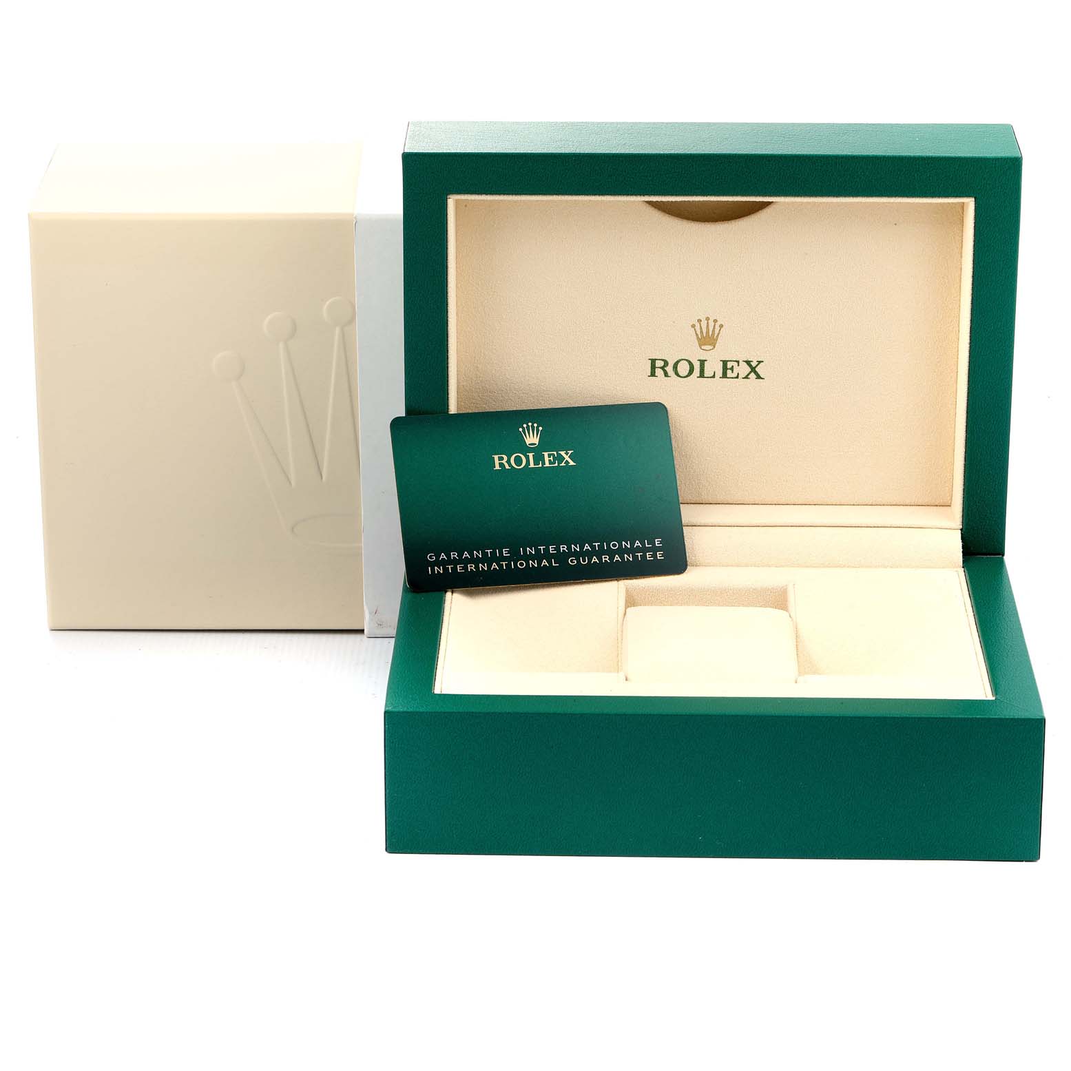 This image shows the open packaging and international guarantee card for a Rolex Mid-Size 277200 Women
s Stainless Steel Blue Dial 277200 Women
s Stainless Steel Blue Dial model watch.