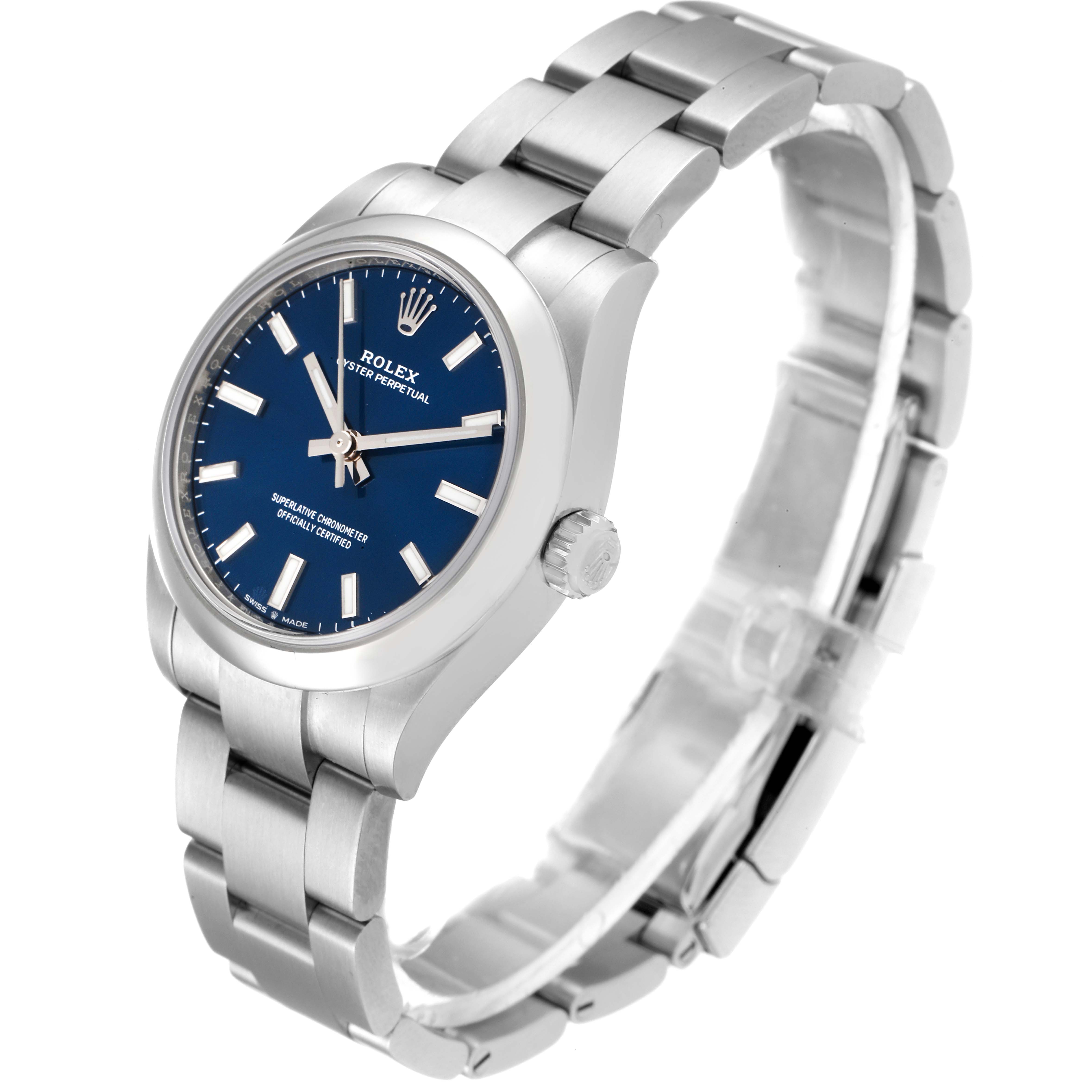 The image shows a side angle view of a Rolex Mid-Size 277200 Women
s Stainless Steel Blue Dial 277200 Women
s Stainless Steel Blue Dial model watch, highlighting the blue dial, stainless steel case, and bracelet.