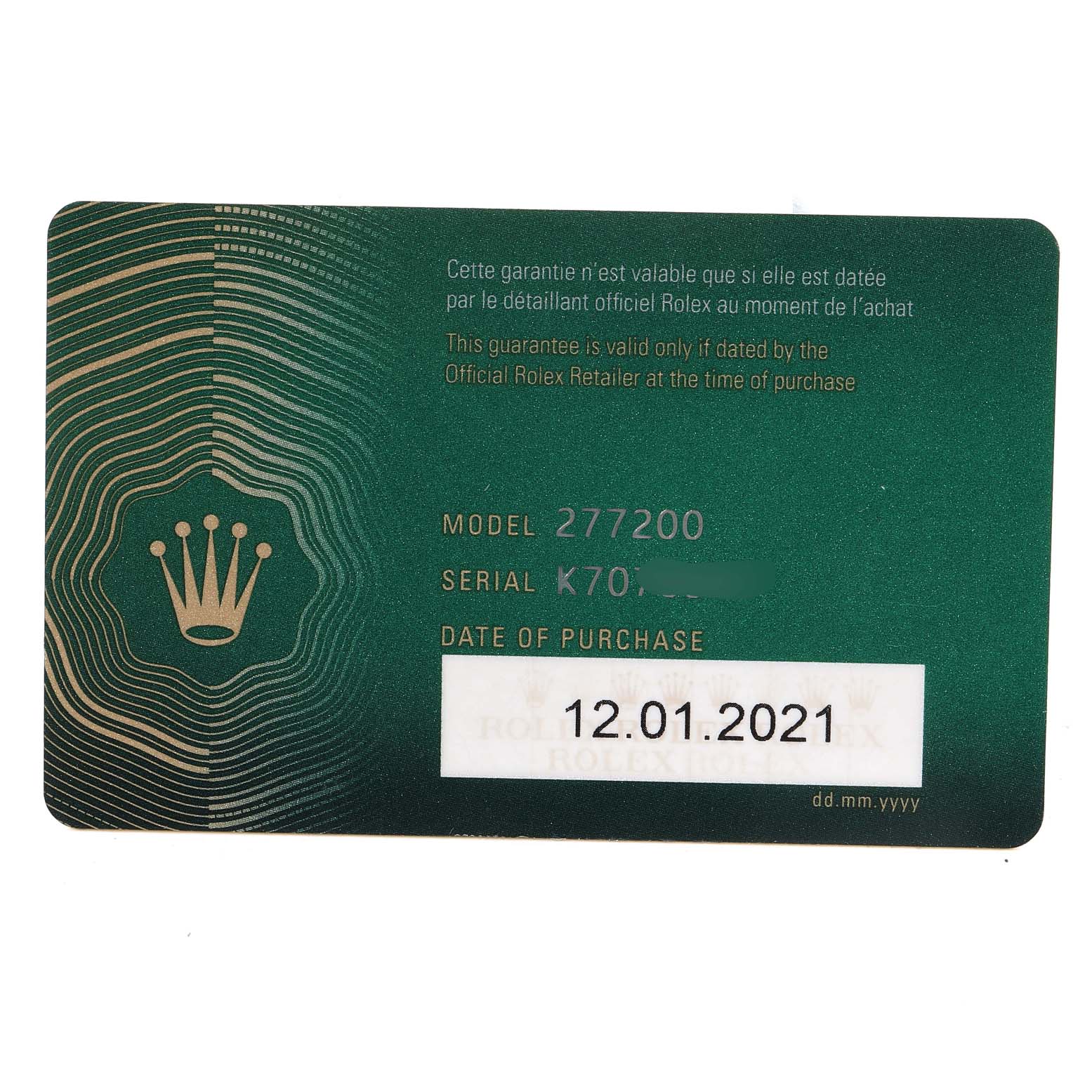 This image shows a warranty card for the Rolex Mid-Size 277200 Women
s Stainless Steel Blue Dial 277200 Women
s Stainless Steel Blue Dial model 277200, displaying the serial number and date of purchase.