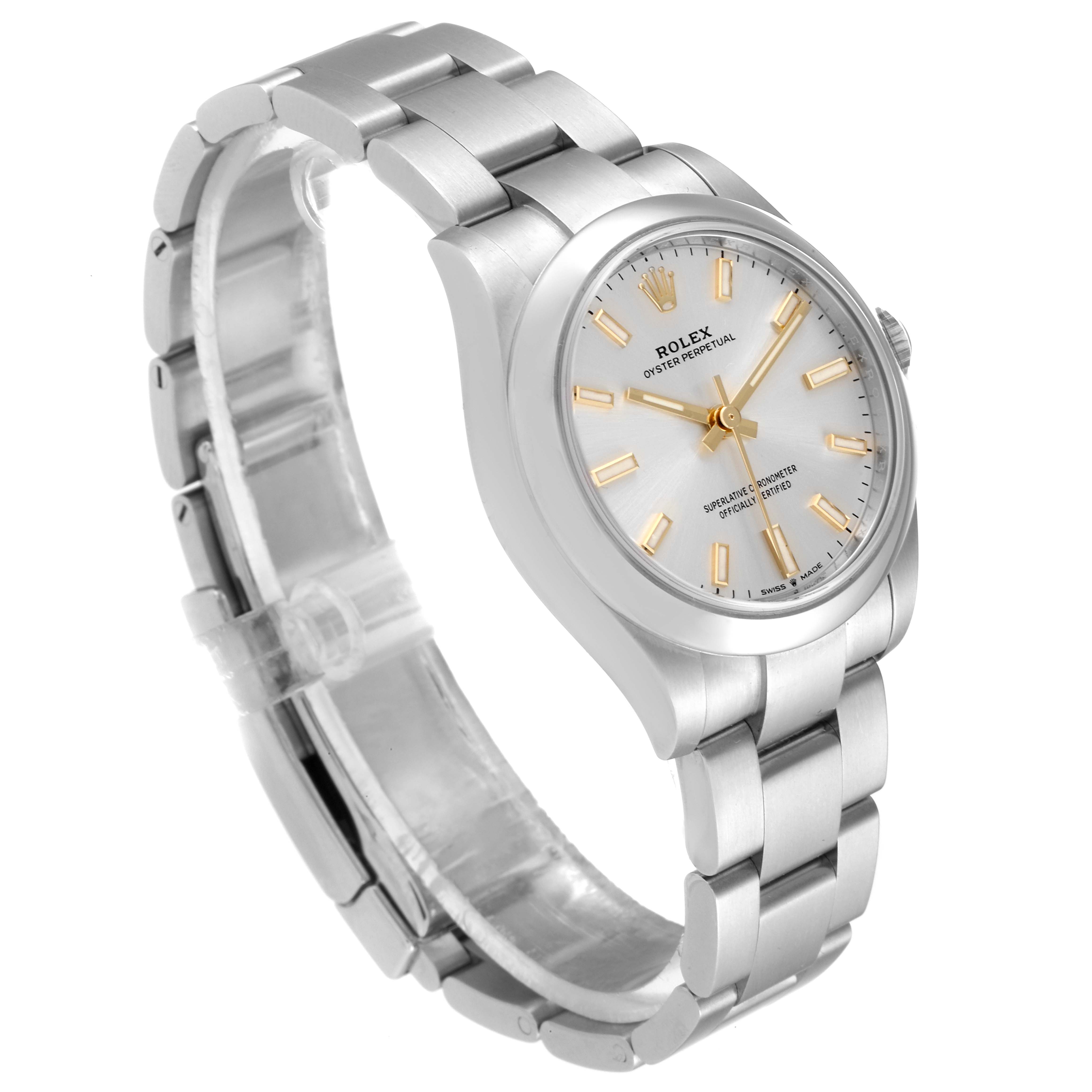 The Rolex Mid-Size 277200 Women's Stainless Steel Silver Dial 277200 Women's Stainless Steel Silver Dial model watch is shown at a slight angle, highlighting the watch face, bracelet, and crown.