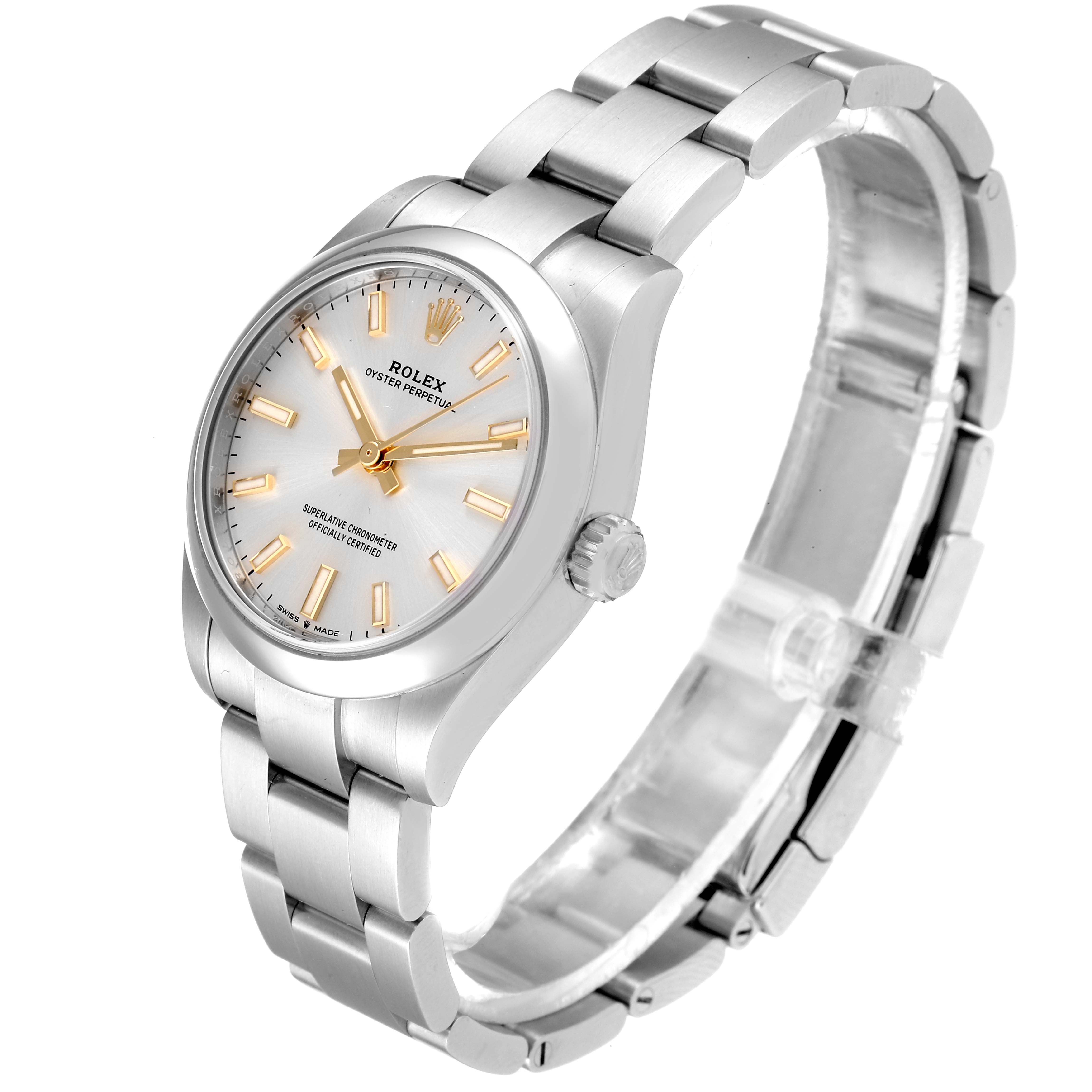 The Rolex Mid-Size 277200 Women's Stainless Steel Silver Dial 277200 Women's Stainless Steel Silver Dial model watch is shown at a front-left angle, displaying its face, bezel, crown, and metal bracelet.