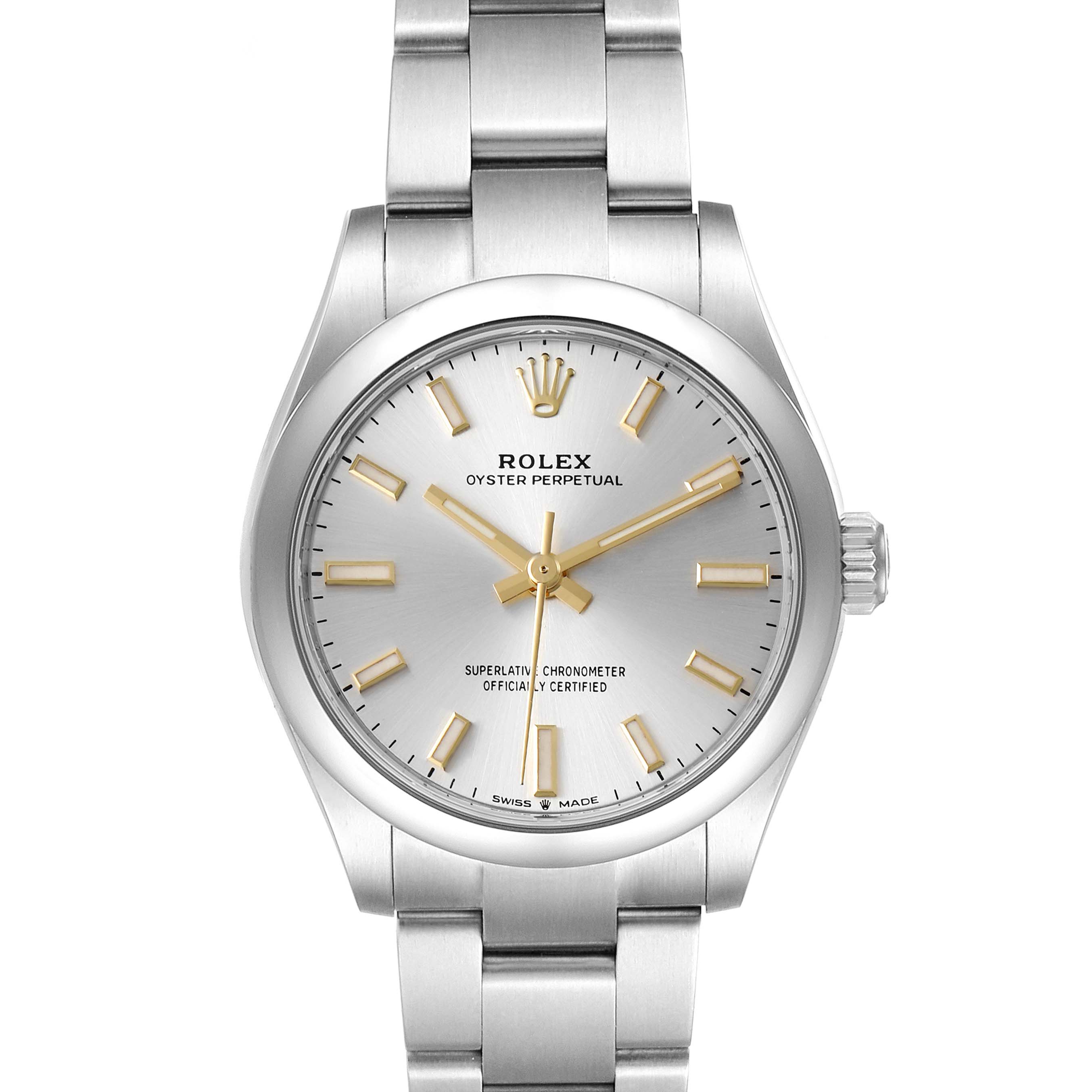 The Rolex Oyster Perpetual Mid-Size model is shown in a front view, highlighting the dial, case, and bracelet.